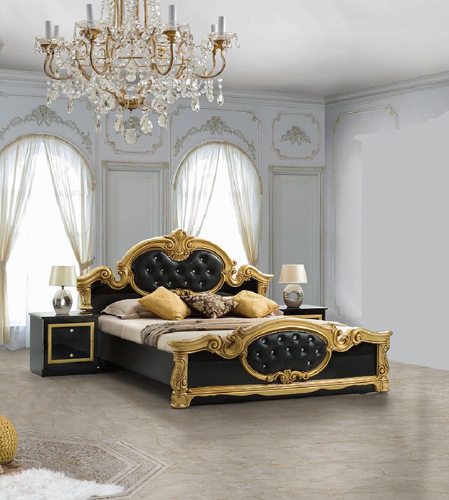 Interdesign24 Schlafzimmer-Set Donna, (inkl. Bett 180 x 200 cm und 2 Nachtkonsolen, im ausgefallenem Barock-Stil mit Goldverzierungen), in Hochglanz Schwarz/Gold