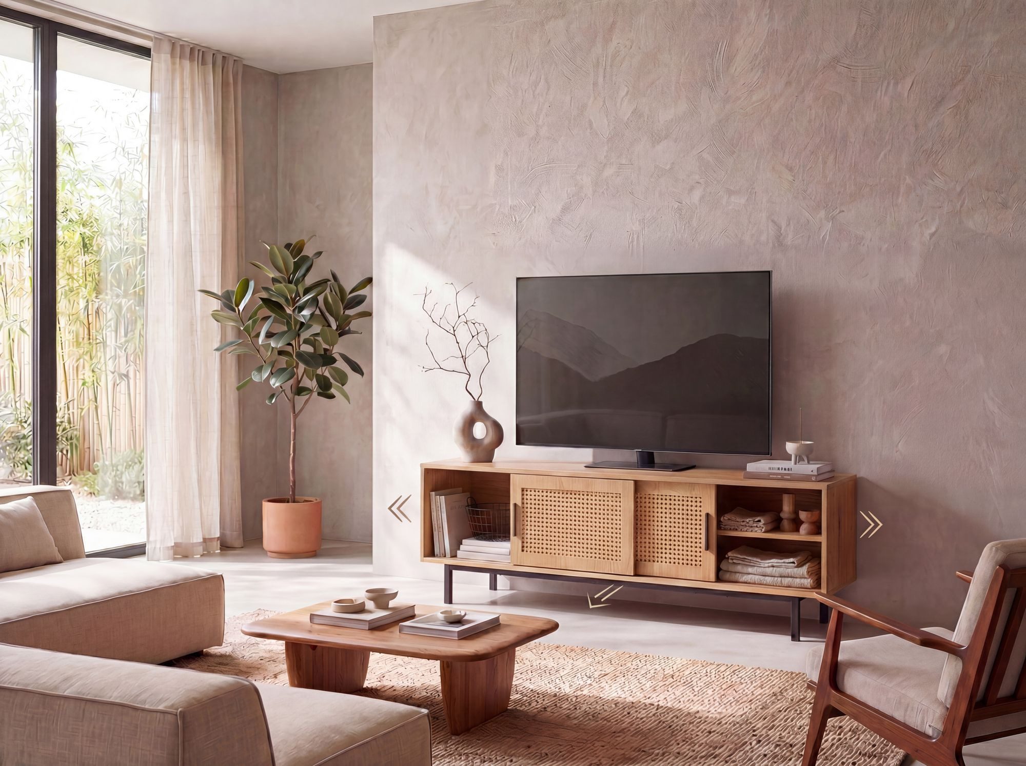 FineBuy Lowboard Eiche-Dekor mit Wiener Geflecht 120x45,5x40 cm TV-Kommode Zeitlos mit Schiebe-Türen, Design TV-Schrank Hoch, Fernsehtisch Fernsehschrank, Ferns – Bild 2 von 5