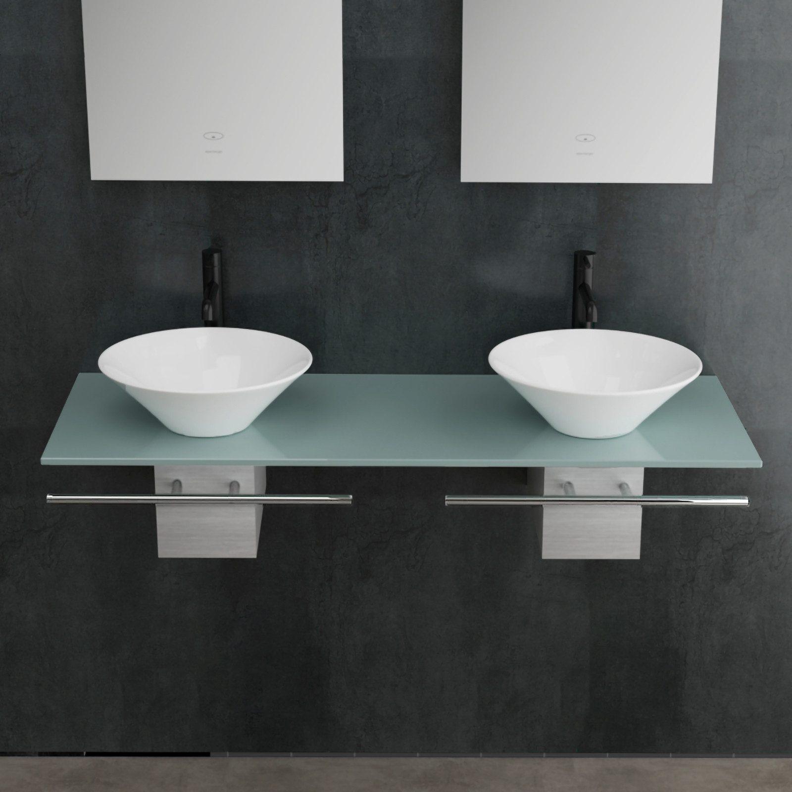 Alpenberger Doppelwaschtisch Doppelwaschbecken auf Milchglas & Handtuchhalter (Komplett Set, 7-St., 7-tlg), pflegeleicht, platzsparend, ESG Glas, Nano