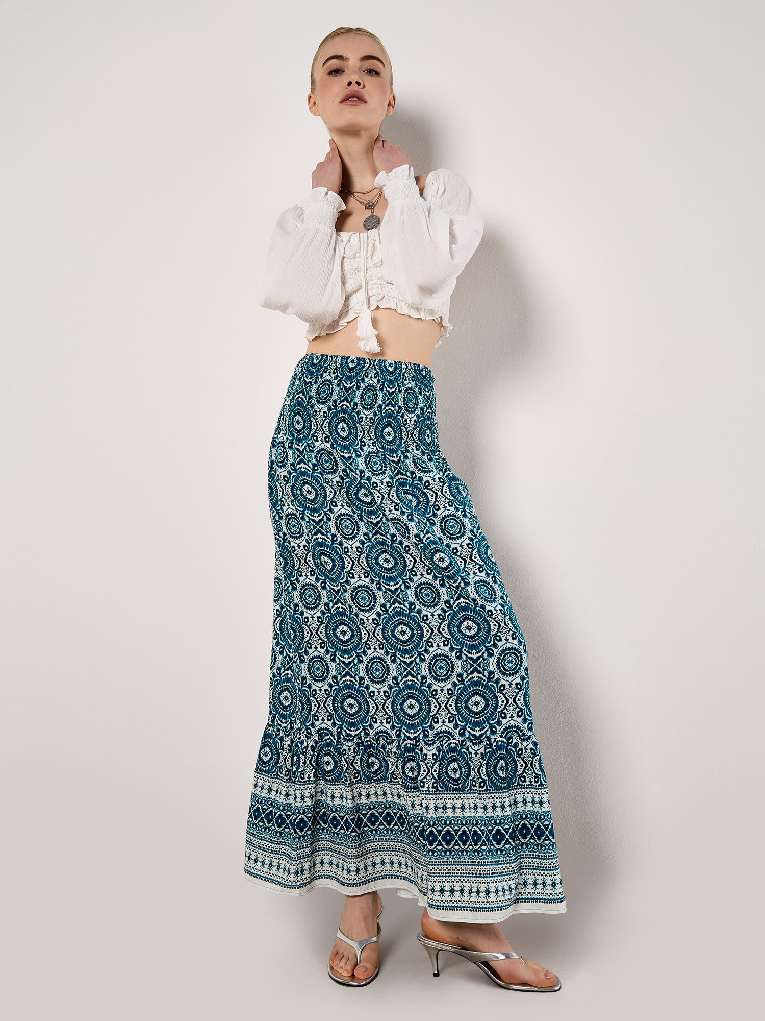 Apricot Maxirock Gesmokter Sommerrock mit Batikdruck günstig online kaufen