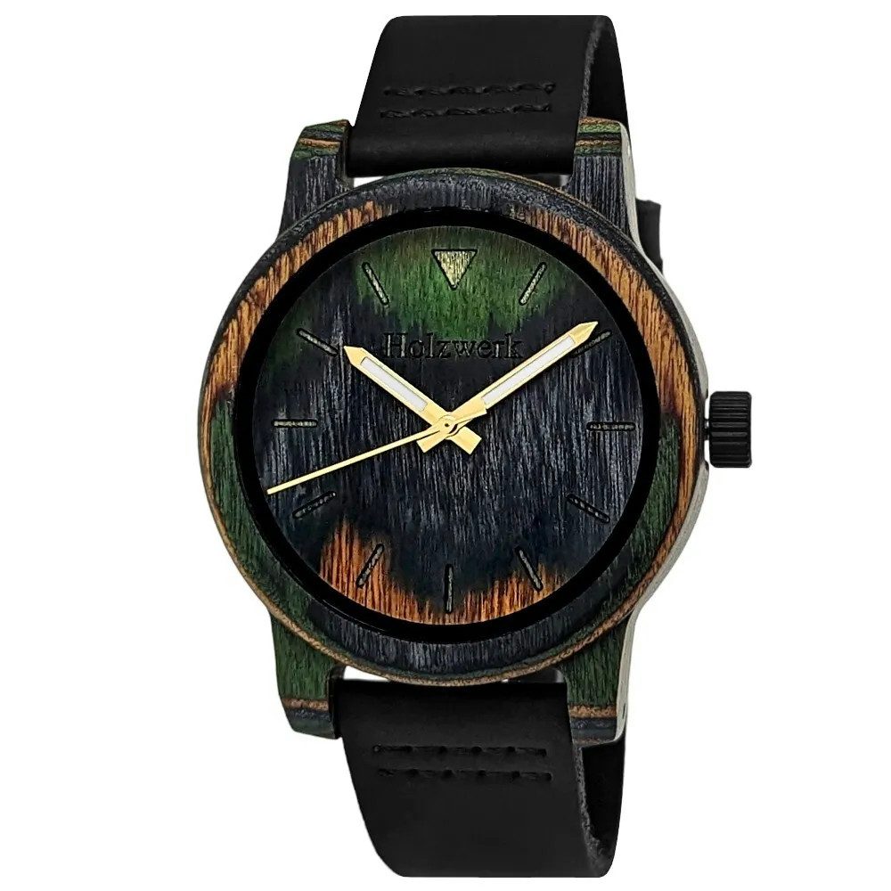 Holzwerk Quarzuhr Leder & Holz - Edelstahl Tarn Armbanduhr, inkl. Armbandkürzer (Modell: WIESMOOR), Unikate aus Holz mit Uhrenbox