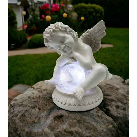 Arnusa Gartenfigur Solarleuchte Engel mit Glaskugel Figur beleuchtet 16x13 cm weiß, Gartendekoration Grableuchte Solarlampe