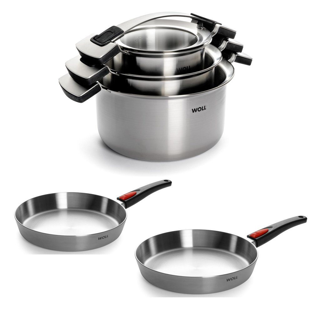 WOLL MADE IN GERMANY Topf-Set Concept Pro 5-tlg. Topf-Set mit Pfanne, Induktion, 5-lagiges Mehrschicht-Material, Edelstahl (Set, 5-tlg), feste Seitengriffe (Töpfe), abnehmbarer Stielgriff (Pfannen), multifunktionales Deckelsystem, backofenfest bis zu 220 °C, induktionsgeeignet, inkl. Deckel