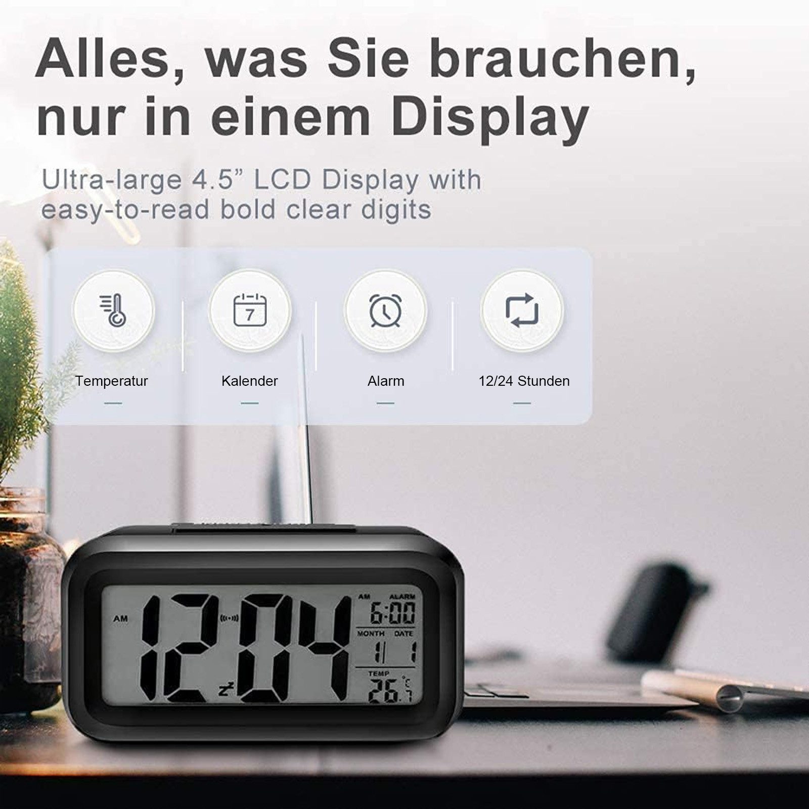 OZAVO Wecker GLNZ17-BK LED wecker Digitaler Wecker für Nachttisch Kinderwecker Mit Temperaturanzeige und Beleuchtung