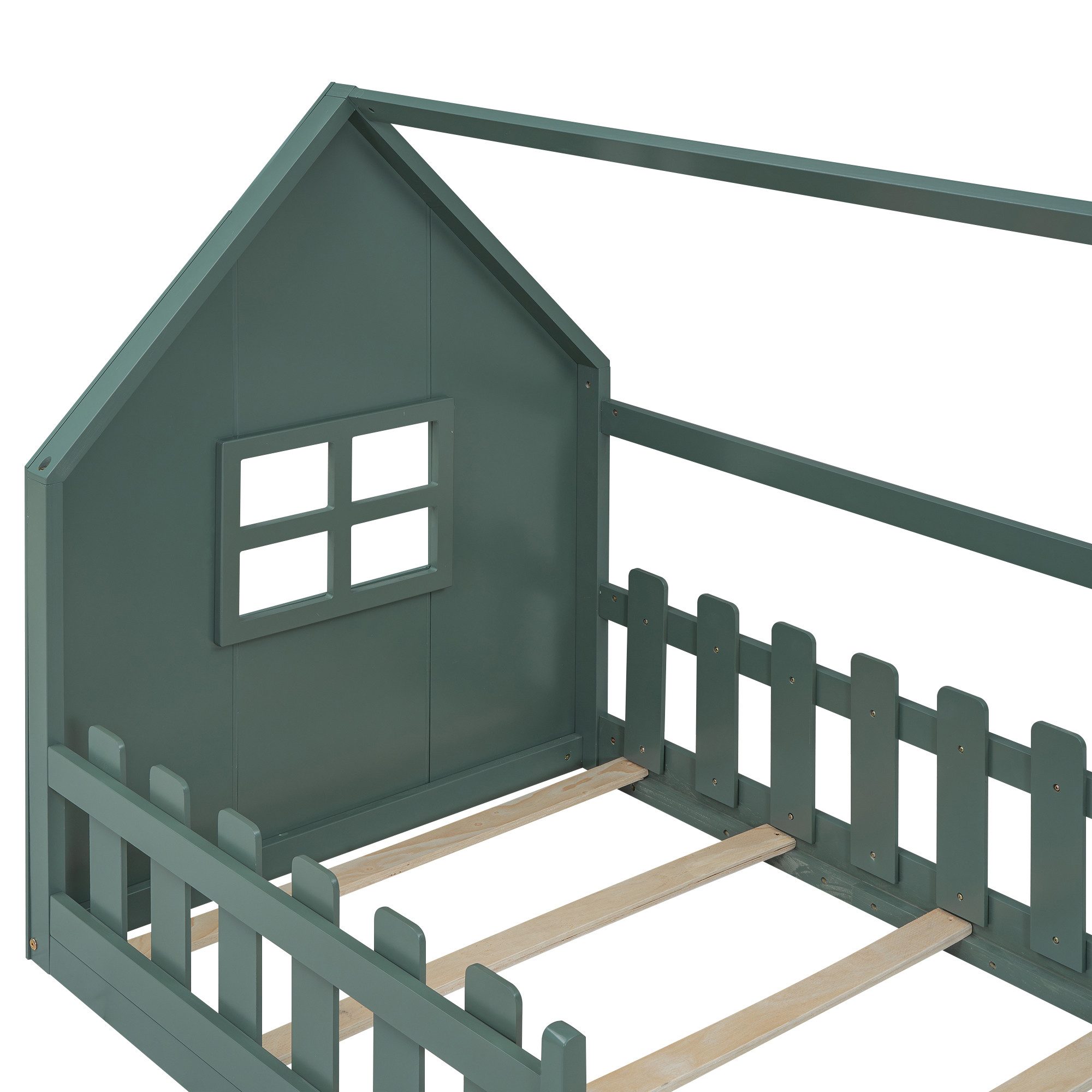 Flieks Massivholzbett, Kinderbett Hausbett Einzelbett 90x200cm mit Lattenrost und Zaun