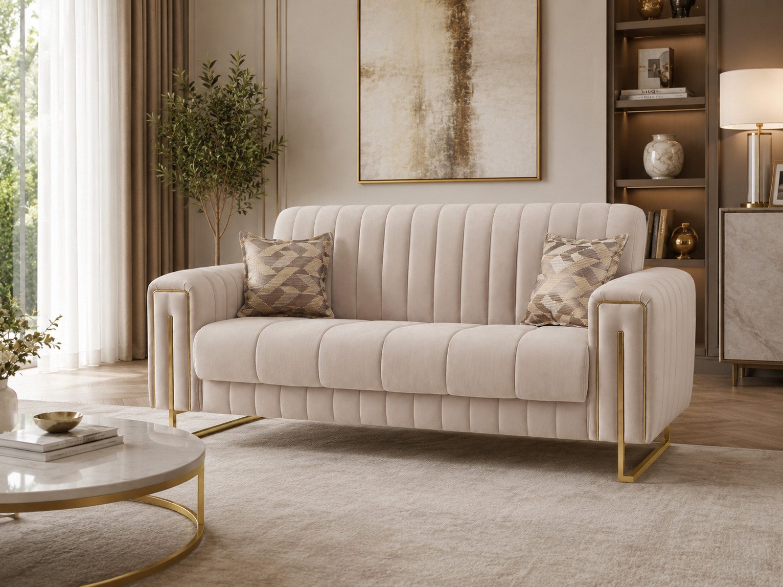 Villa Möbel Sofa Kochi, 2-Sitzer 1 Teile, Beige 2er Sofa Schlaffunktion durch aufklappbare Sitzfläche