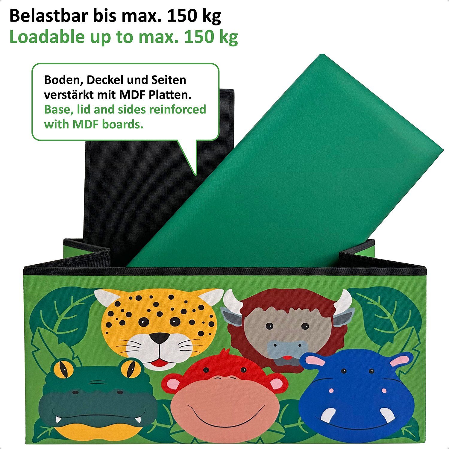 Aufbewahrung, 150kg, belastbar 54L, Versand Spielzeug eines für mit inkl. gratis Spielzeugtruhe Baumwollsacks, 60x30x30cm, WIESEN.design Sitztruhe-Dschungel