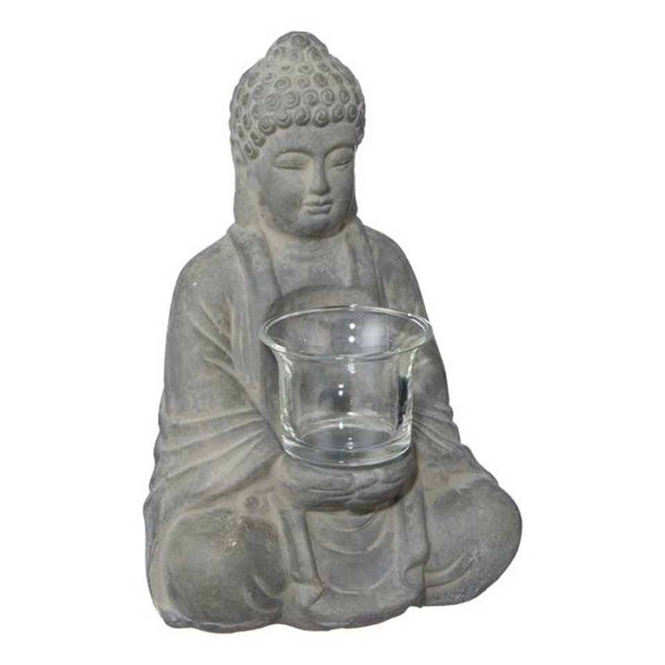 CEPEWA Windlicht Buddha, 13 x 20 x 10 cm, aus Terrakotta, Grau,  Teelichthalter, Buddhastatue