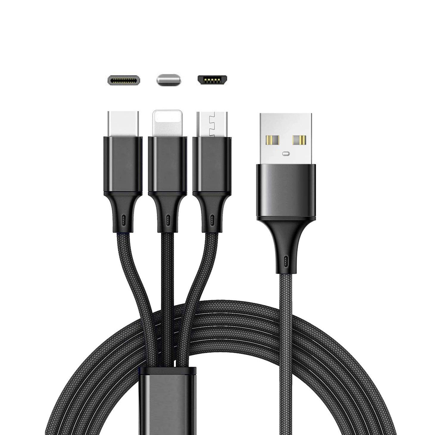 Ventarent Ladekabel 3in1 passt für iPhone 12 13 14 Pro Max Galaxy S23 S22 Ultra Smartphone-Kabel, USB-A, Lightning, Micro-USB, USB-C (120 cm), Universal Handy passt für Apple iPhone, Samsung Galaxy, Huawei, Google