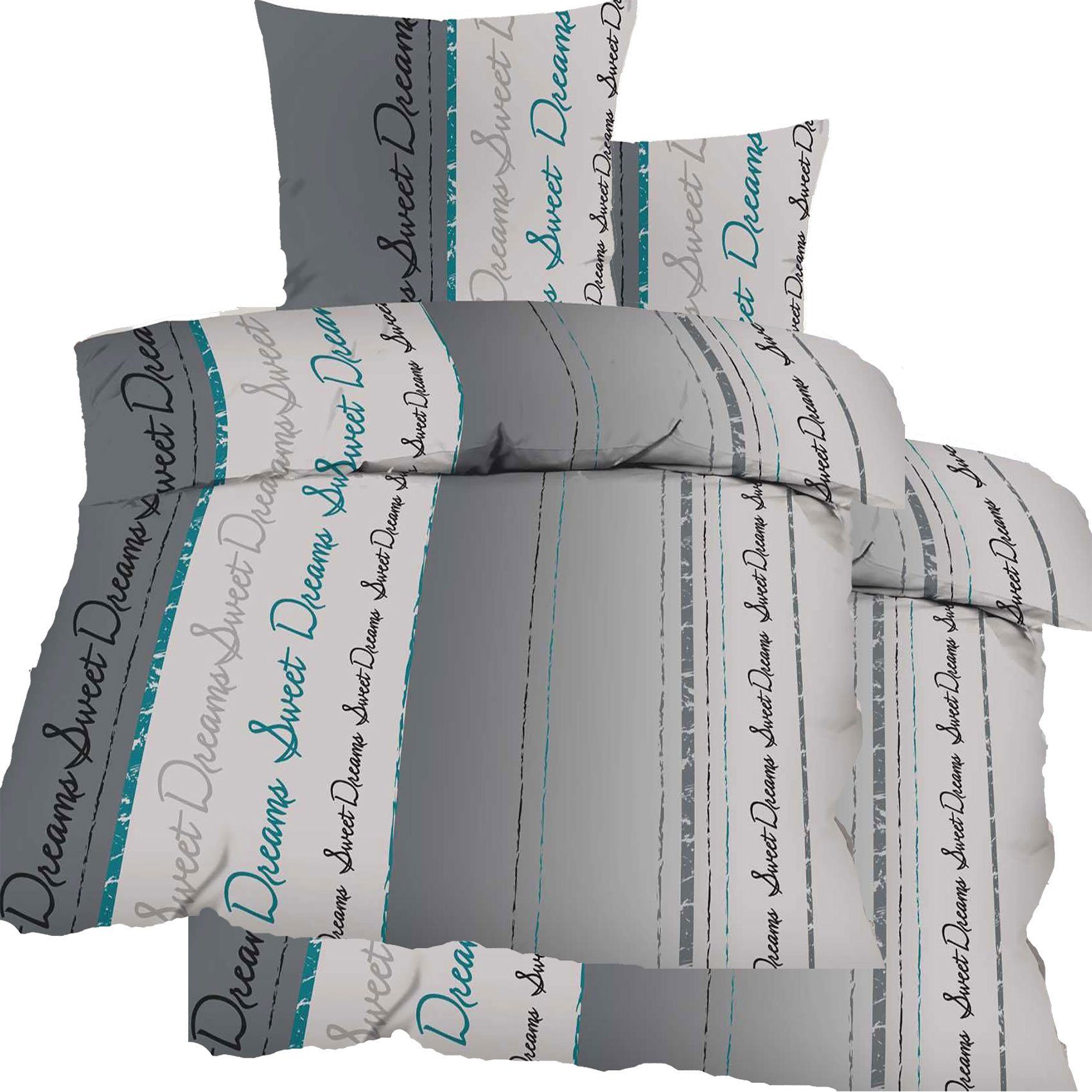 KH-Haushaltshandel Bettwäsche Renforce Bettwäsche, 2x(135x200 + 80x80cm), Sweet Dreams, Renforcè, 4 teilig, grau cremeweiß petrol, 100% Baumwolle