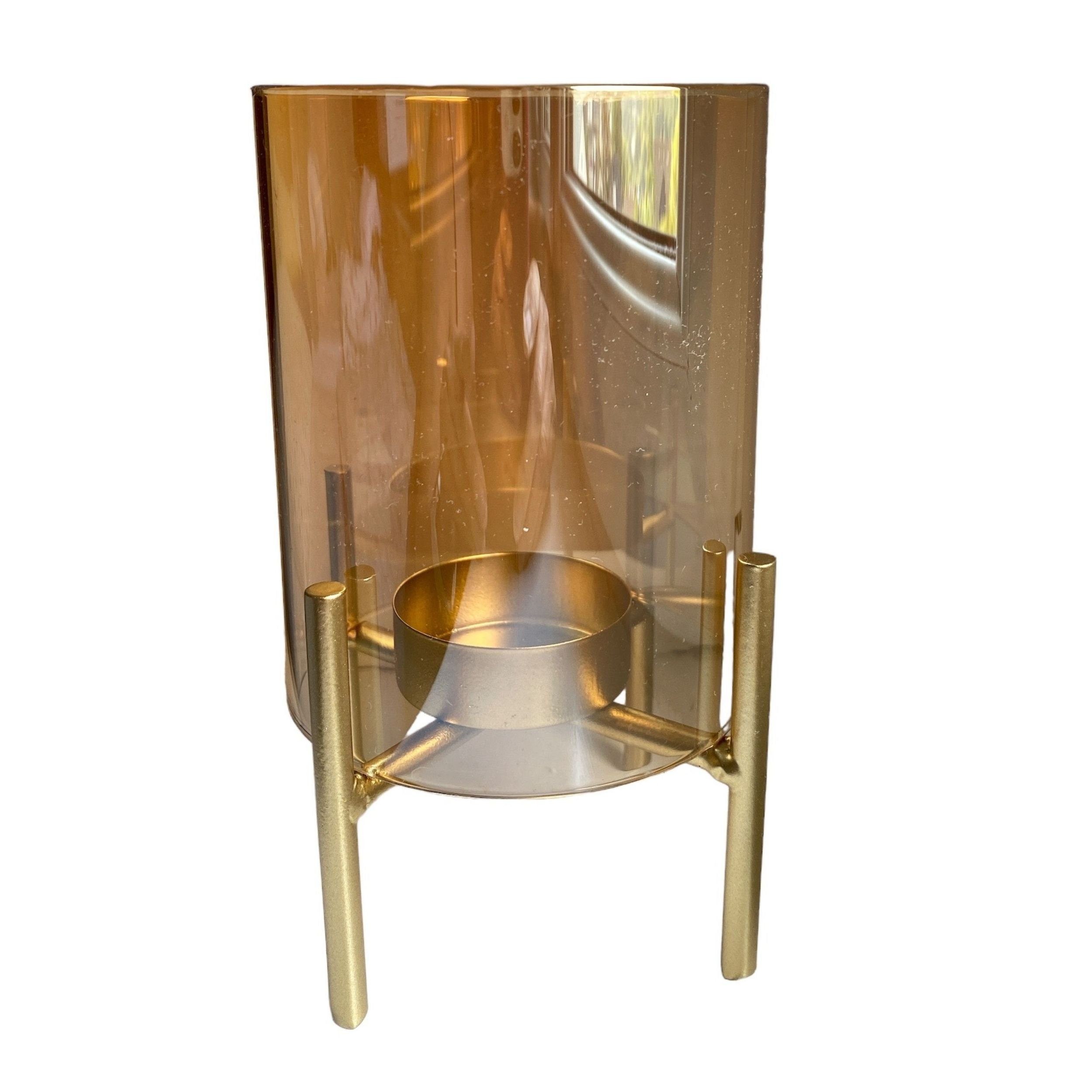 DekoTown Kerzenhalter Windlicht aus Glas in Bernstein mit goldenem Metallfuß 14 cm, 2 St.