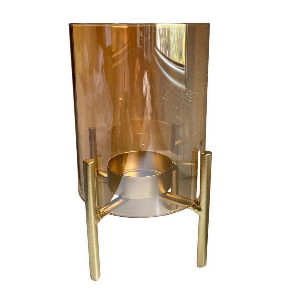 DekoTown Kerzenhalter Windlicht aus Glas in Bernstein mit goldenem  Metallfuß 14 cm, 2