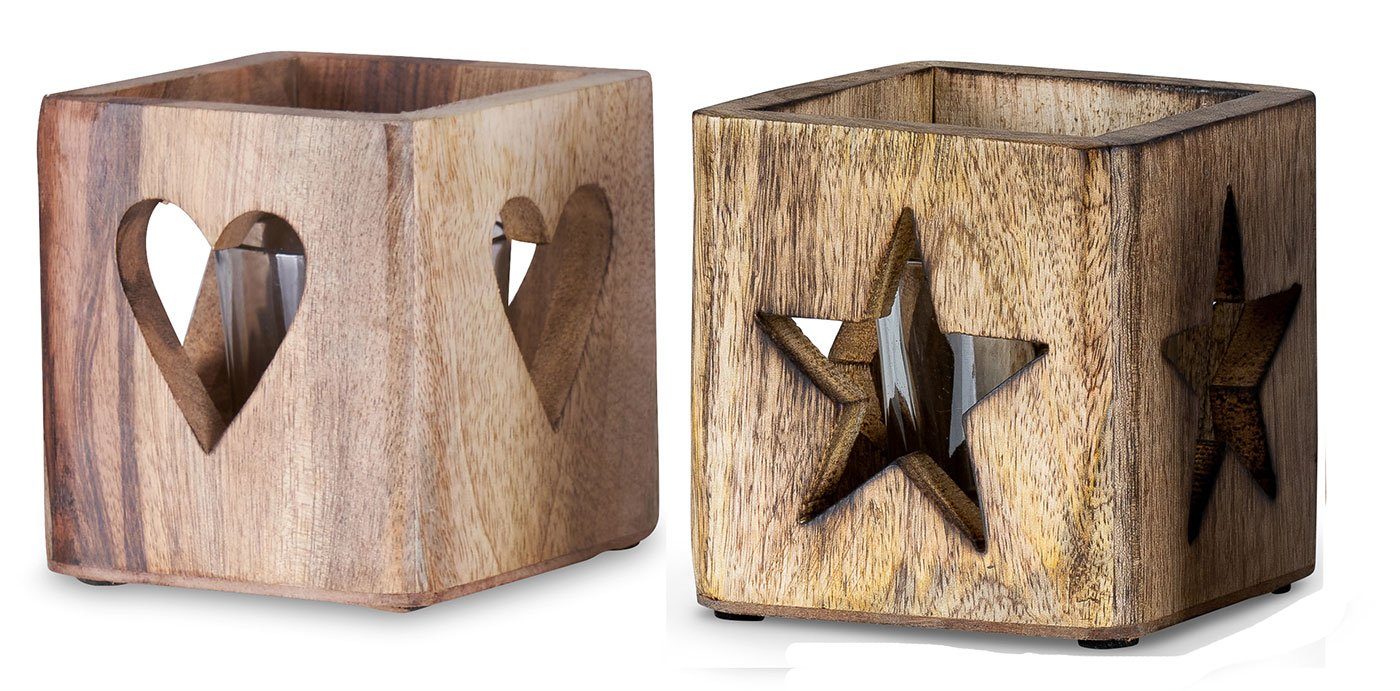 Levandeo® Teelichthalter, 2er Set Windlicht Stern Herz 9cm Mangoholz Teelicht Teelichthalter