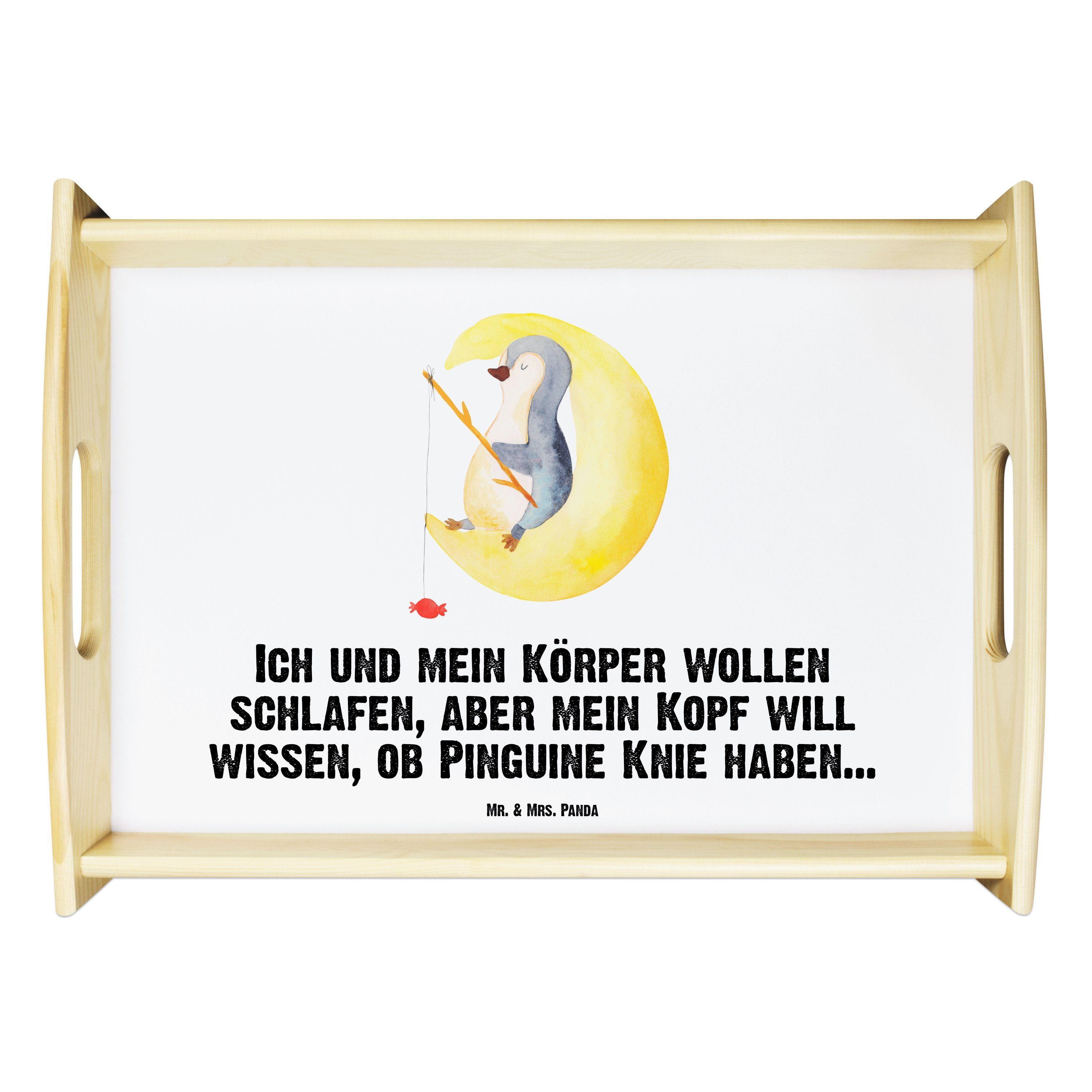 Mr. & Mrs. Panda Tablett Pinguin Mond - Weiß - Geschenk, Tablett, Gästezimmer, Nachtruhe, Früh, Echtholz lasiert, (1-tlg)