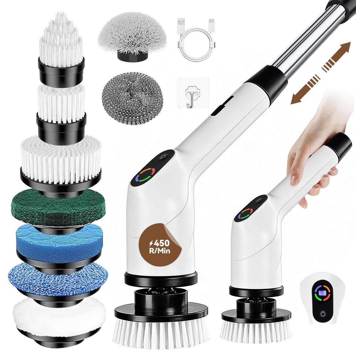Novzep Akku-Oberflächenbürste Elektrische Reinigungsbürste mit 10 Austauschbaren Bürstenköpfen, 3 Geschwindigkeiten, Akku-Oberflächenbürste,4000mAh, Verstellbarem Griff, Wasserdicht