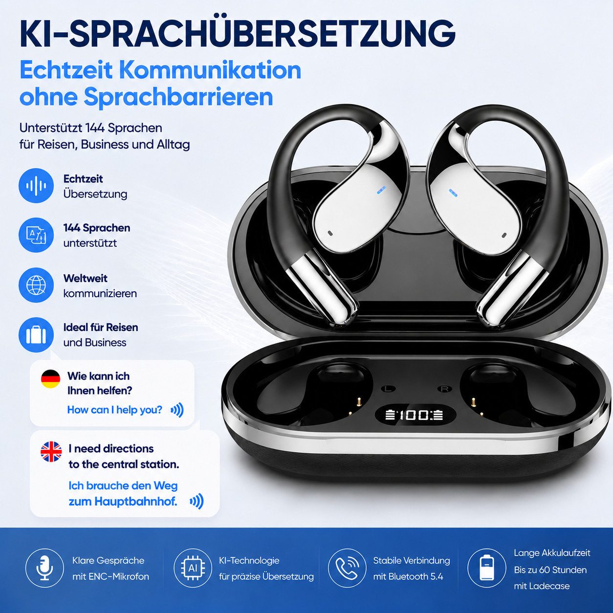 Toomoke Open-Ear-Kopfhörer mit KI-gestützter Übersetzungsfunktion, Open-Ear-Kopfhörer (Bluetooth 5.4, Sport-Kopfhörer mit Ladeetui)