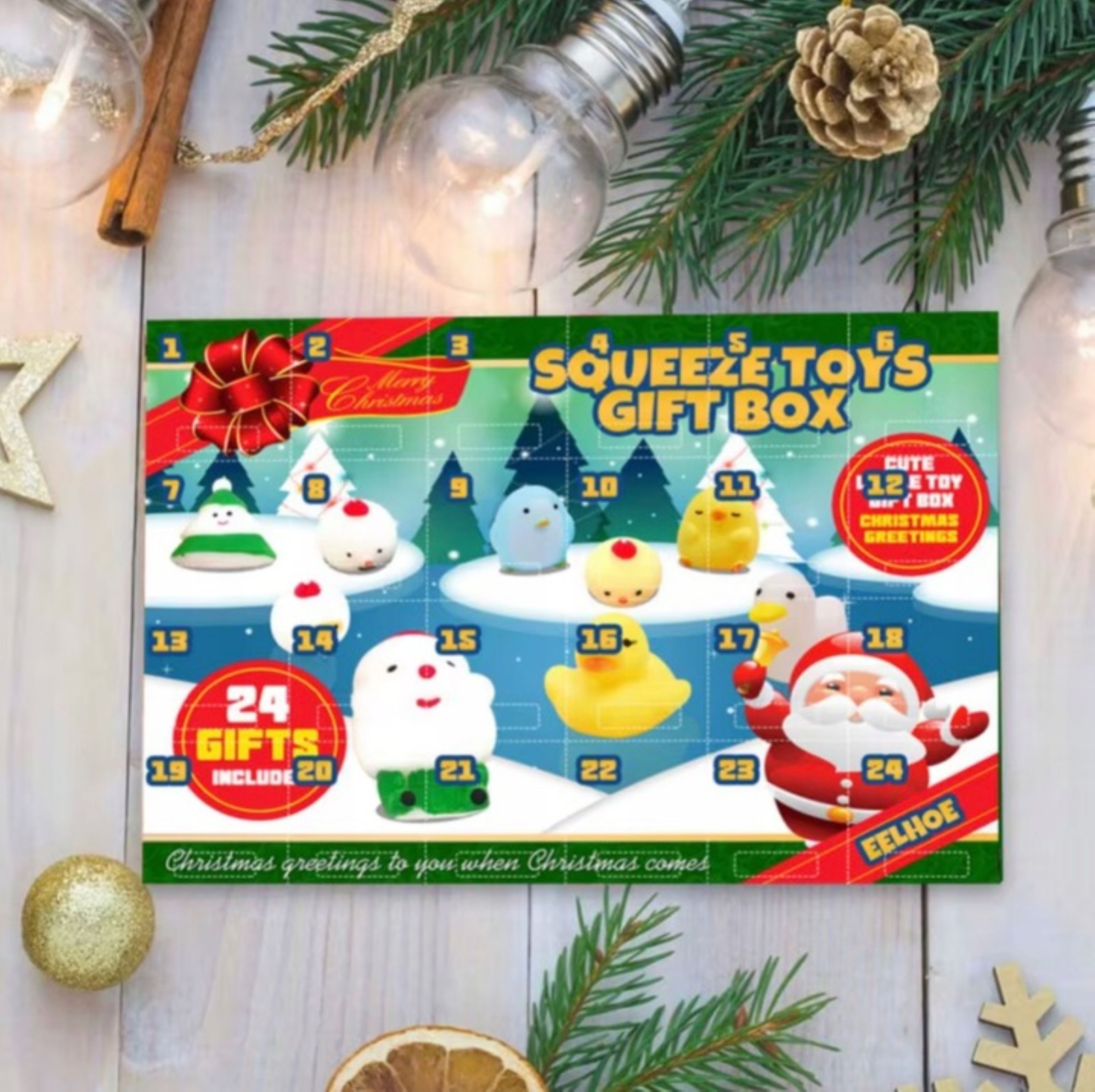 Festivalartikel Adventskalender Adventskalender mit Squishy Figuren – 24 Überraschungen für Kinder (1-tlg)
