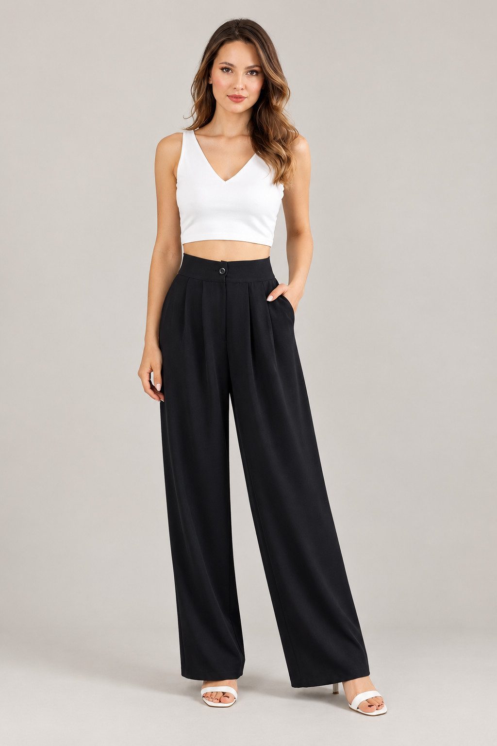 fashionshowcase Bundfaltenhose Damen Palazzohose High Waist – Weite Stoffhose mit Taschen Business & Casual Style