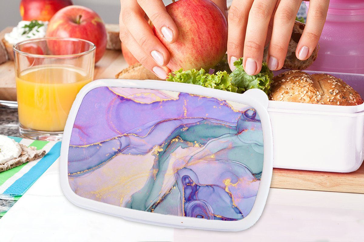 MuchoWow Lunchbox Gold - Lila, Brotbox Brotdose, Erwachsene, Mädchen Marmor Jungs und (2-tlg), Kunststoff, und Kinder für weiß für 