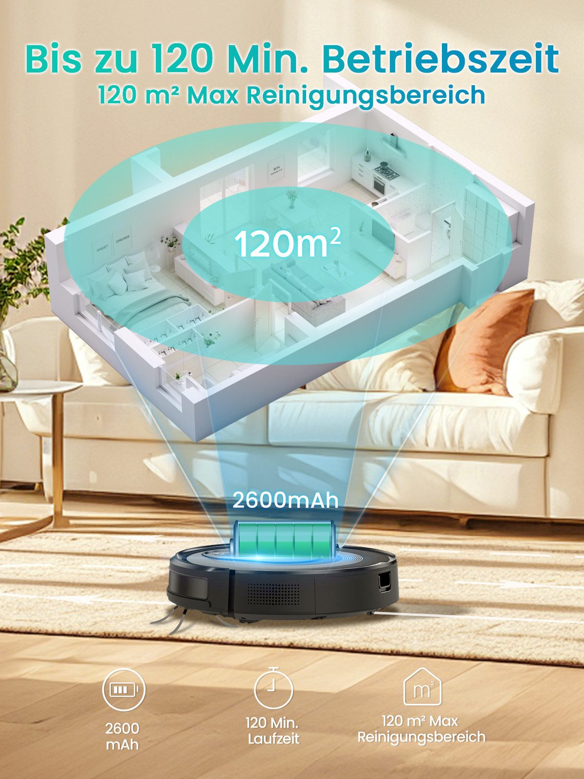 Vactidy Saugroboter W7 3-in-1 Saugroboter mit Wischfunktion, 4000Pa/120Min, beutellos, mit Wischfunktion, 4000Pa/120Min, 3.2kg