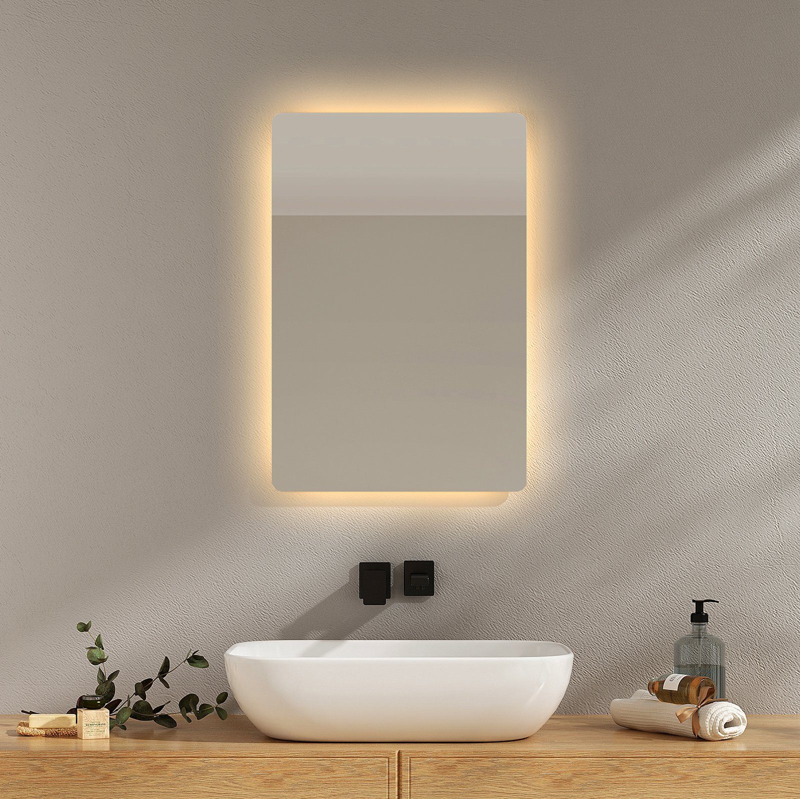 EMKE LED-Lichtspiegel Wandspiegel mit Beleuchtung Warmweiß/Kaltweiß, Klein 2 Badspiegel mit Knopfschalter, Lichtfarbe LED IP44 Beschlagfrei