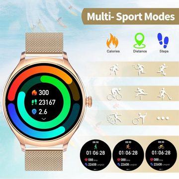 SZHELEJIAM Smartwatch (1,39 Zoll, Android iOS), mit Telefonfunktion Armbanduhr Damenuhr Rund 128 Sportmodi Fitnessuhr