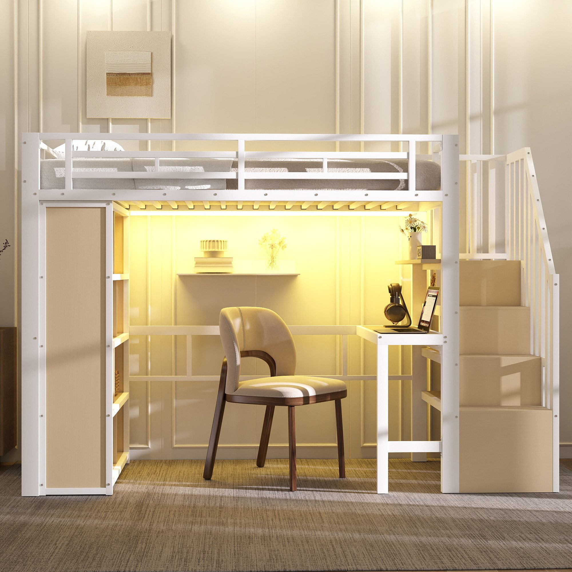 STILVORA Hochbett 90x200 mit schreibtisch Jugendbett mit Stauraum Metallbett LED-Licht (mit integriertem Schreibtisch, Ablagefach, LED-Lichtleiste und Treppenstauraum, 90x200 cm) ohne Matratze