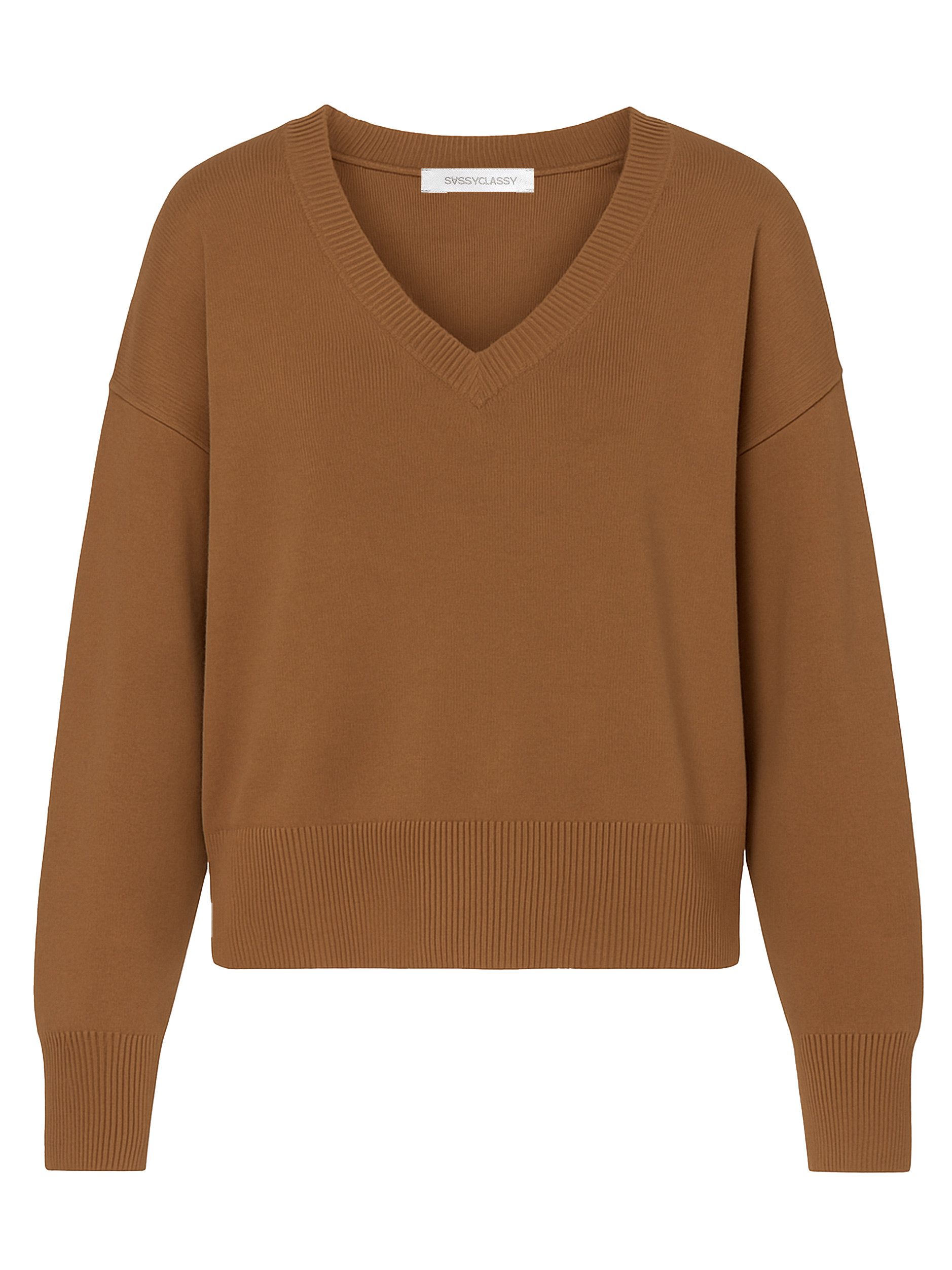 SASSYCLASSY Strickpullover Oversize Baumwoll-Pullover für Damen Lässiger Pullover mit V-Ausschnitt und gerippten Abschlüssen