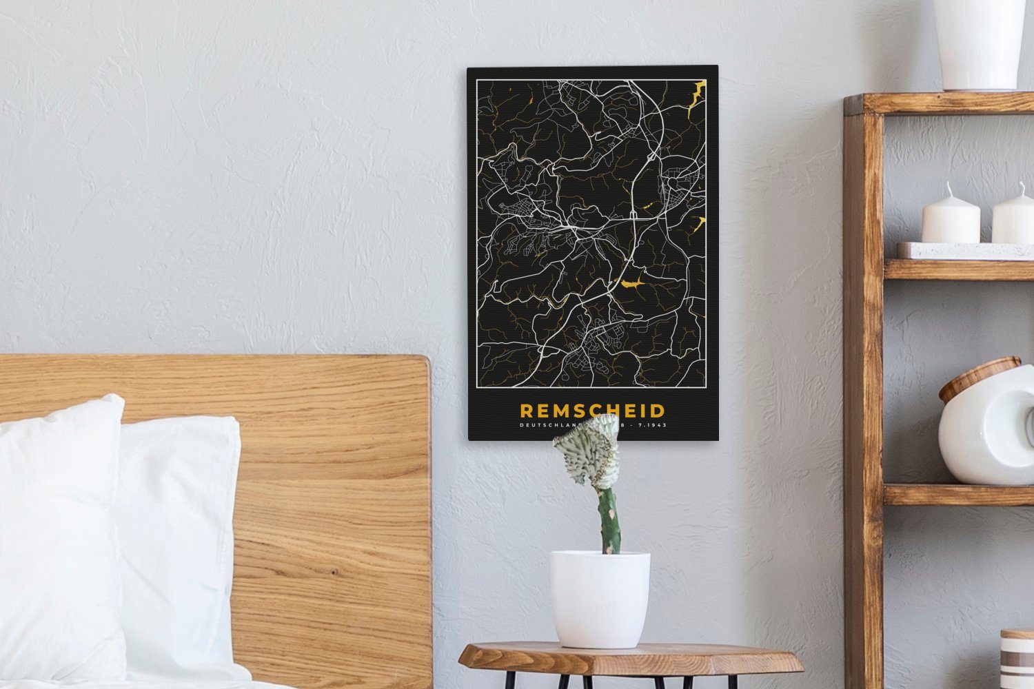 Leinwandbild - - bespannt - OneMillionCanvasses® Gemälde, 20x30 Karte Stadtplan Leinwandbild Remscheid Zackenaufhänger, fertig inkl. Deutschland, St), - (1 cm Gold