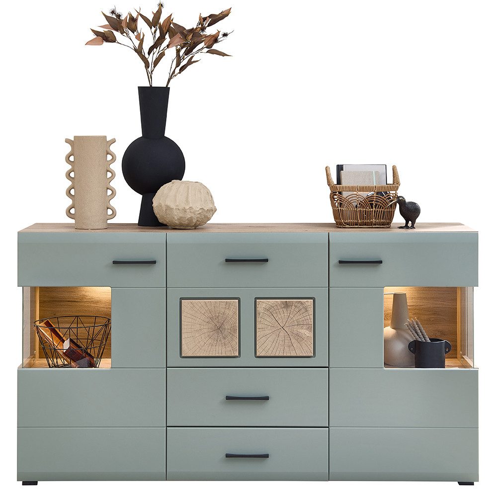 Lomadox Sideboard FARO-36-REED, 170cm breit, Eiche mit Schilfgrün, inkl. Beleuchtung