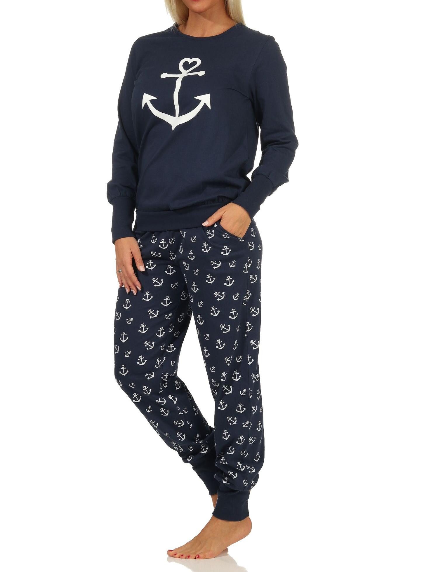 Normann Pyjama Damen Schlafanzug mit Bündchen in maritimer Optik mit Anker als Motiv – Bild 2 von 5