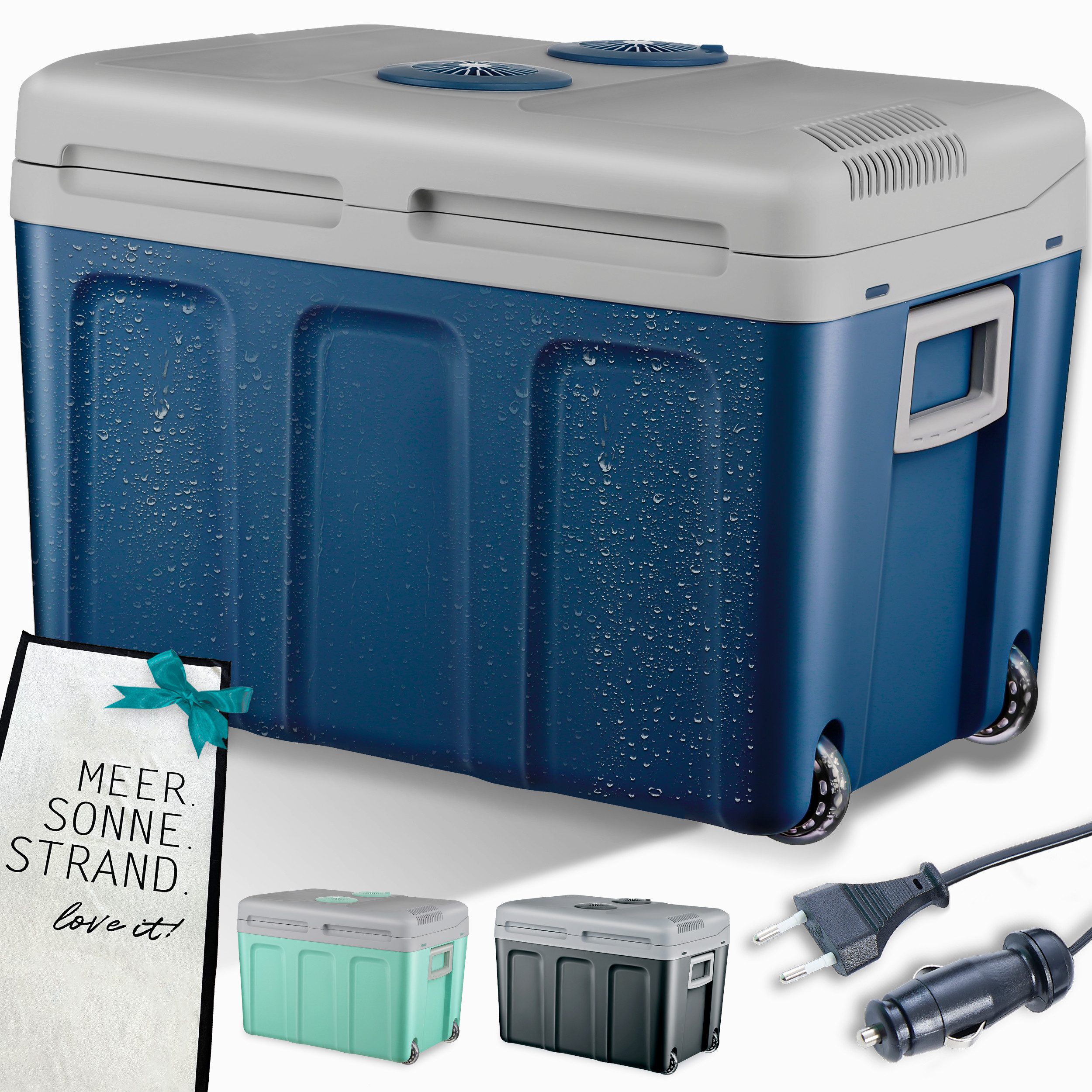 TOM Elektrische Kühlbox 2in1 40 Liter mit Handtuch, 40 l, 230V (AC), 12V (DC), Geräuschlos, 56x41x39cm (B x H x T)