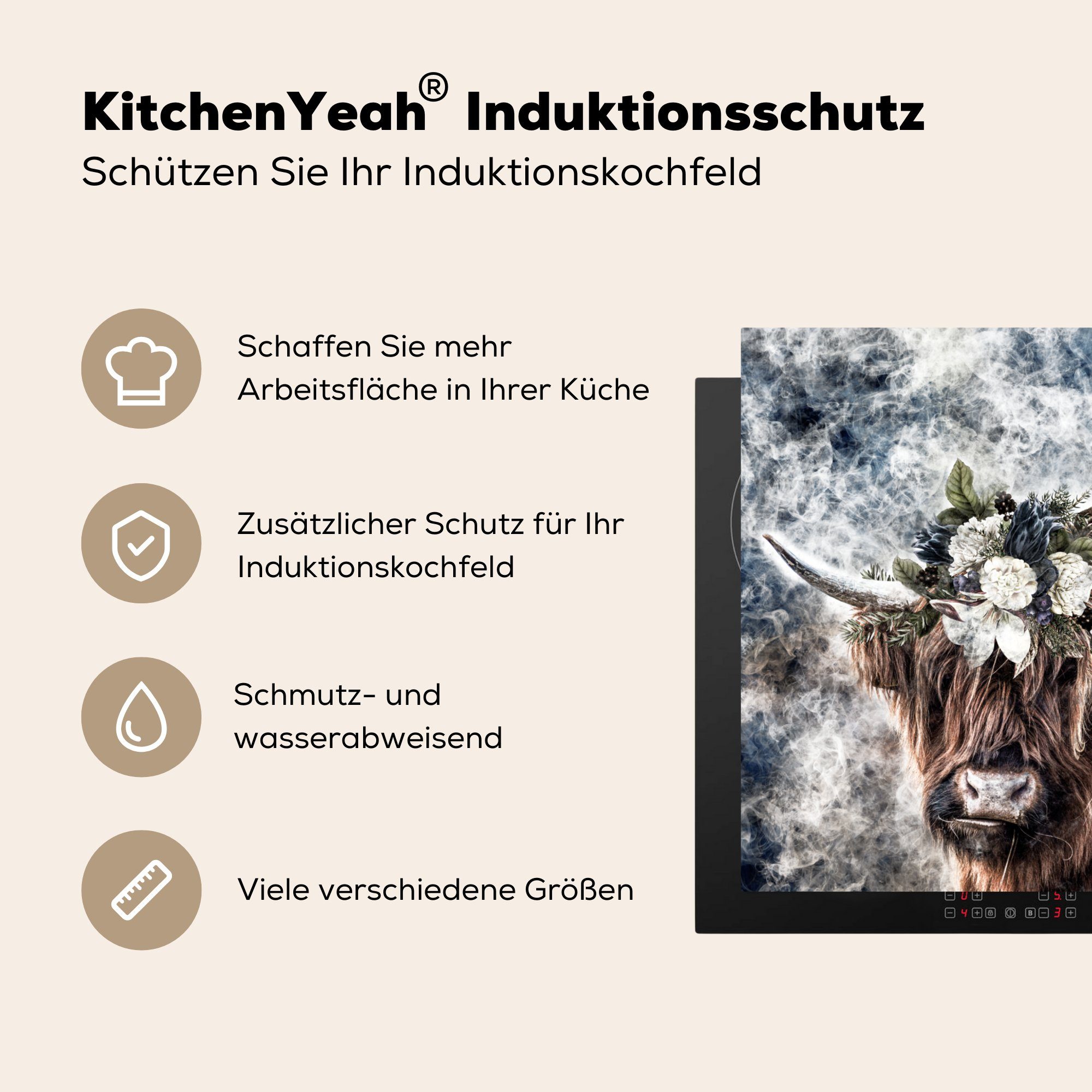 (1 Blumen, tlg), Tiere cm, Vinyl, - Arbeitsplatte 78x78 küche Schottischer MuchoWow Herdblende-/Abdeckplatte - Ceranfeldabdeckung, Highlander für