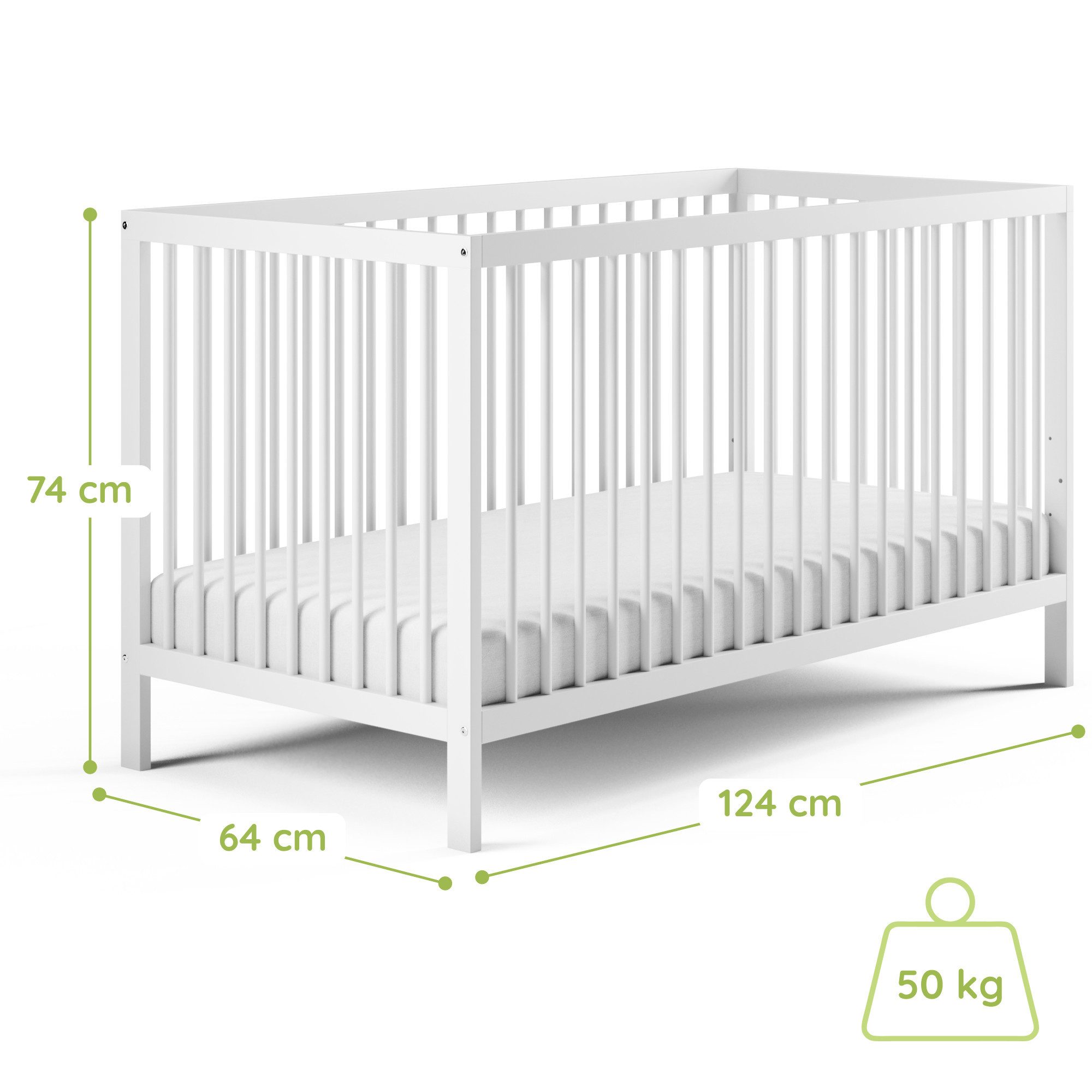 Kids Collective Kinderbett Babybett Gitterbett 60x120 und 70x140 cm herausnehmbare Sprossen (mit Lattenrost und herausnehmbaren Sprossen ab Geburt bis zum 3. LJ), 60x120 cm in weiß