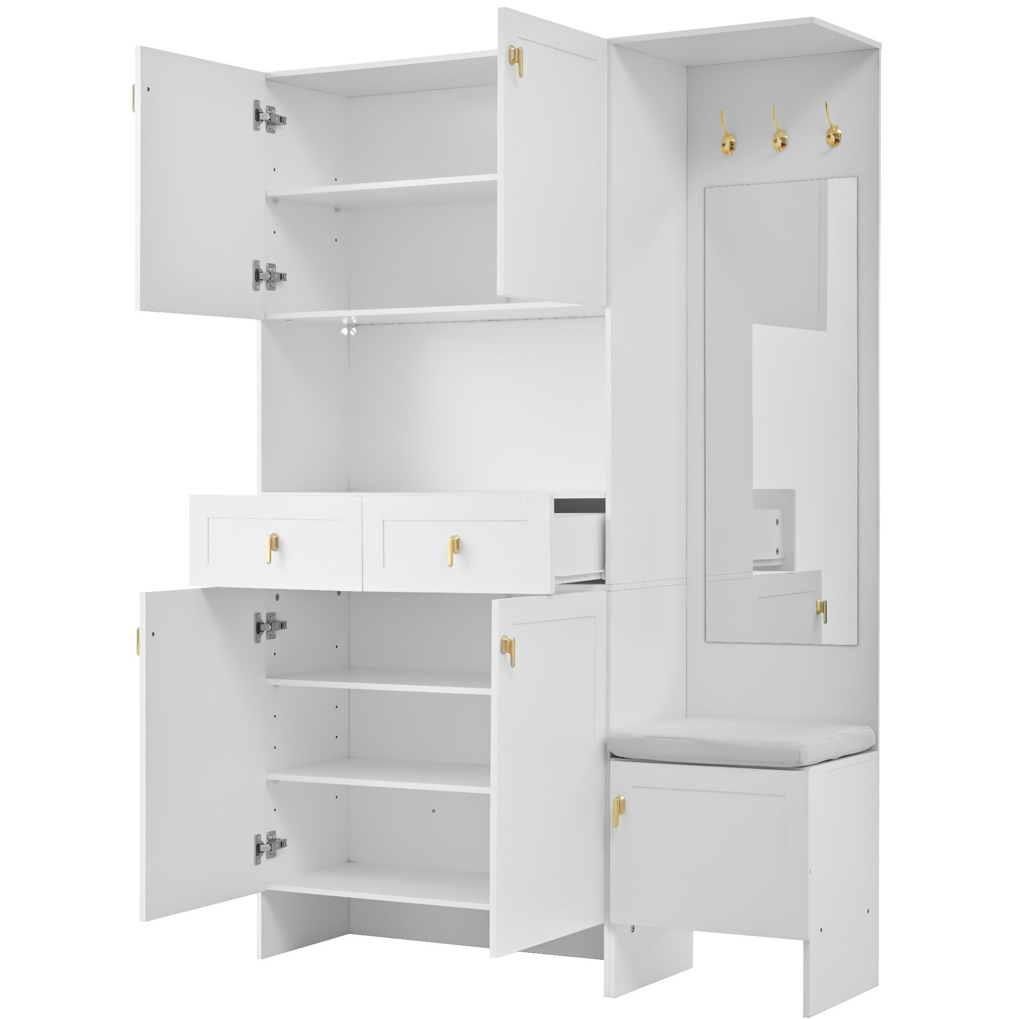 i@home Garderoben-Set Garderoben-Set, mit Schuhbank und Schuhschrank, weiß, Wandgarderob, mit 5 Türen, 2 Schubladen, 1 Spiegel, weiße Flurmöbel