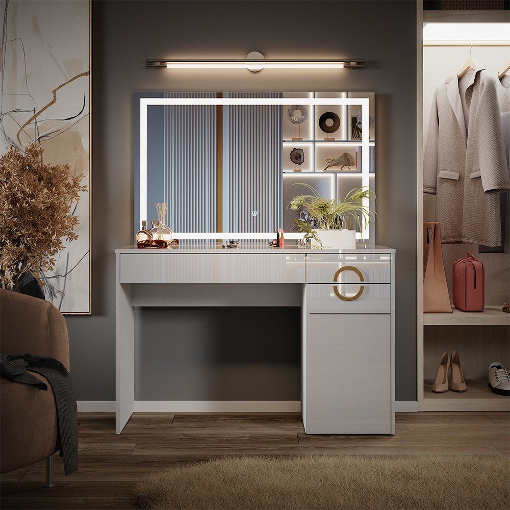 Vicco Schminktisch Adela, Weiß Hochglanz, 115 cm mit LED-Spiegel günstig online kaufen