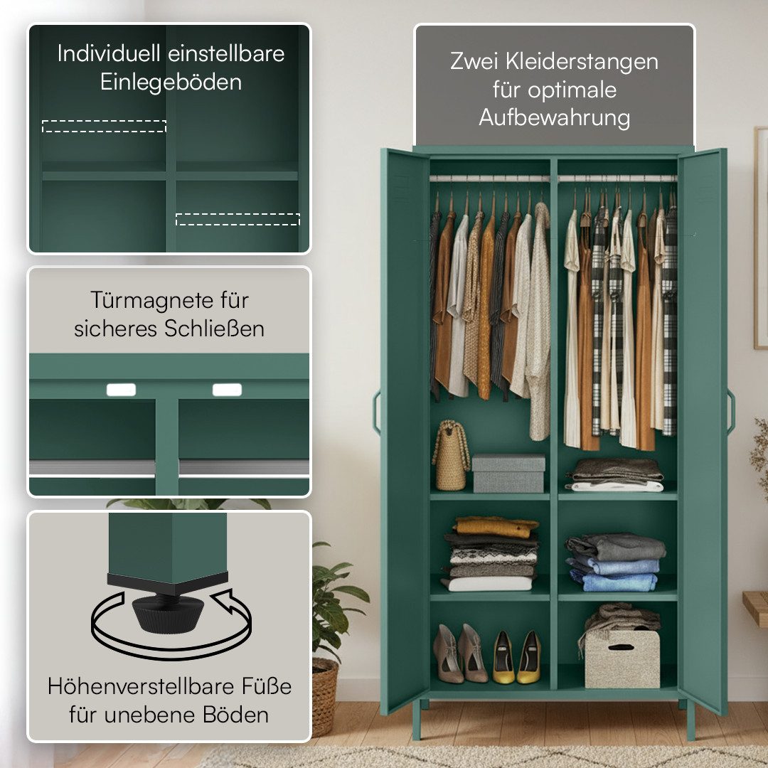 skølm Kleiderschrank Atria aus Metall (Dunkelgrün) Metallschrank mit 6 Fächern & 2 Kleiderstangen, 170x45x80 cm (HxTxB)