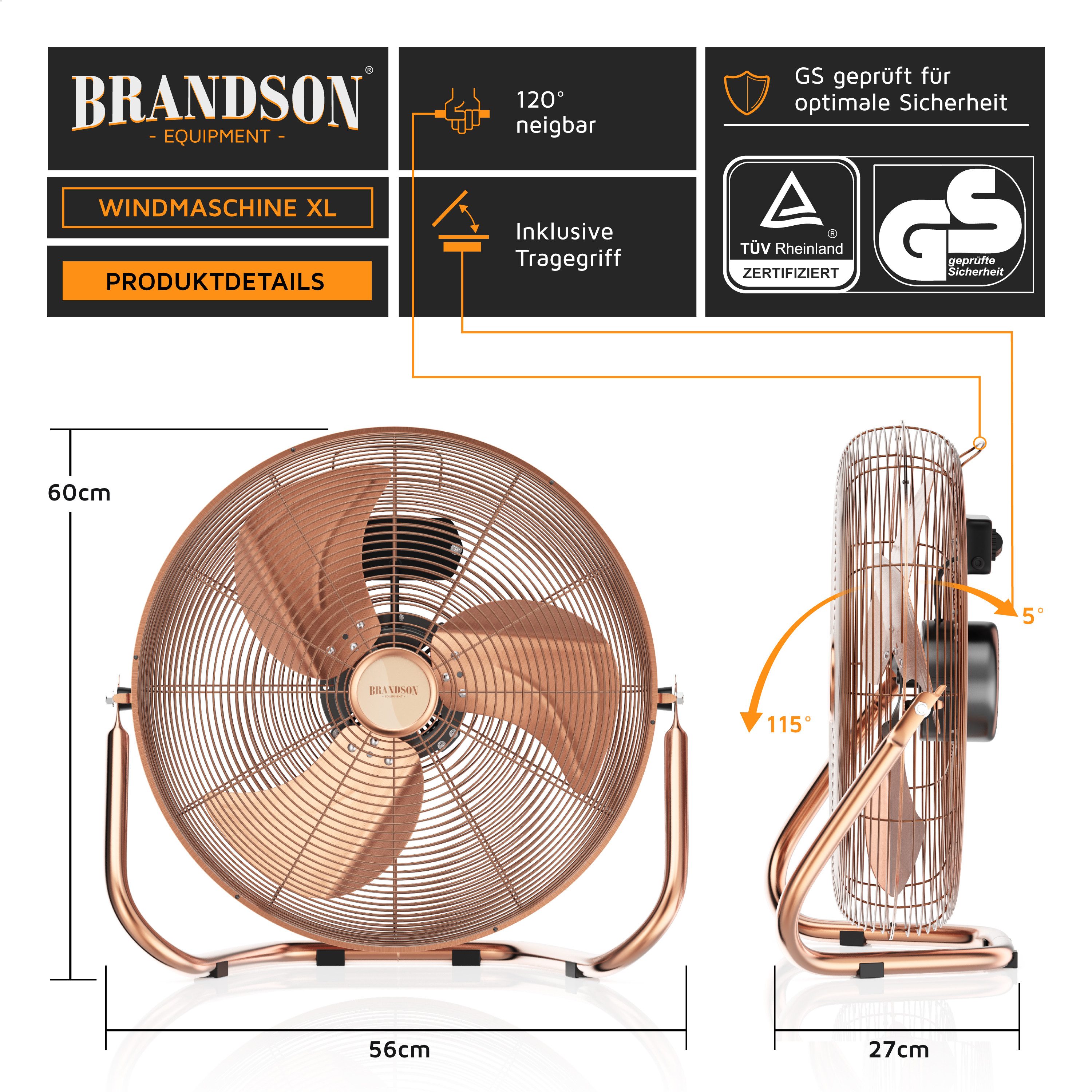 Brandson Windmaschine Bodenventilator im Retro Stil, hoher Luftdurchsatz, 200W, Kupfer, 53,5 cm Durchmesser, NTV Sieger 2026, robuster Stand, stufenlos neigbar, GS-Geprüft