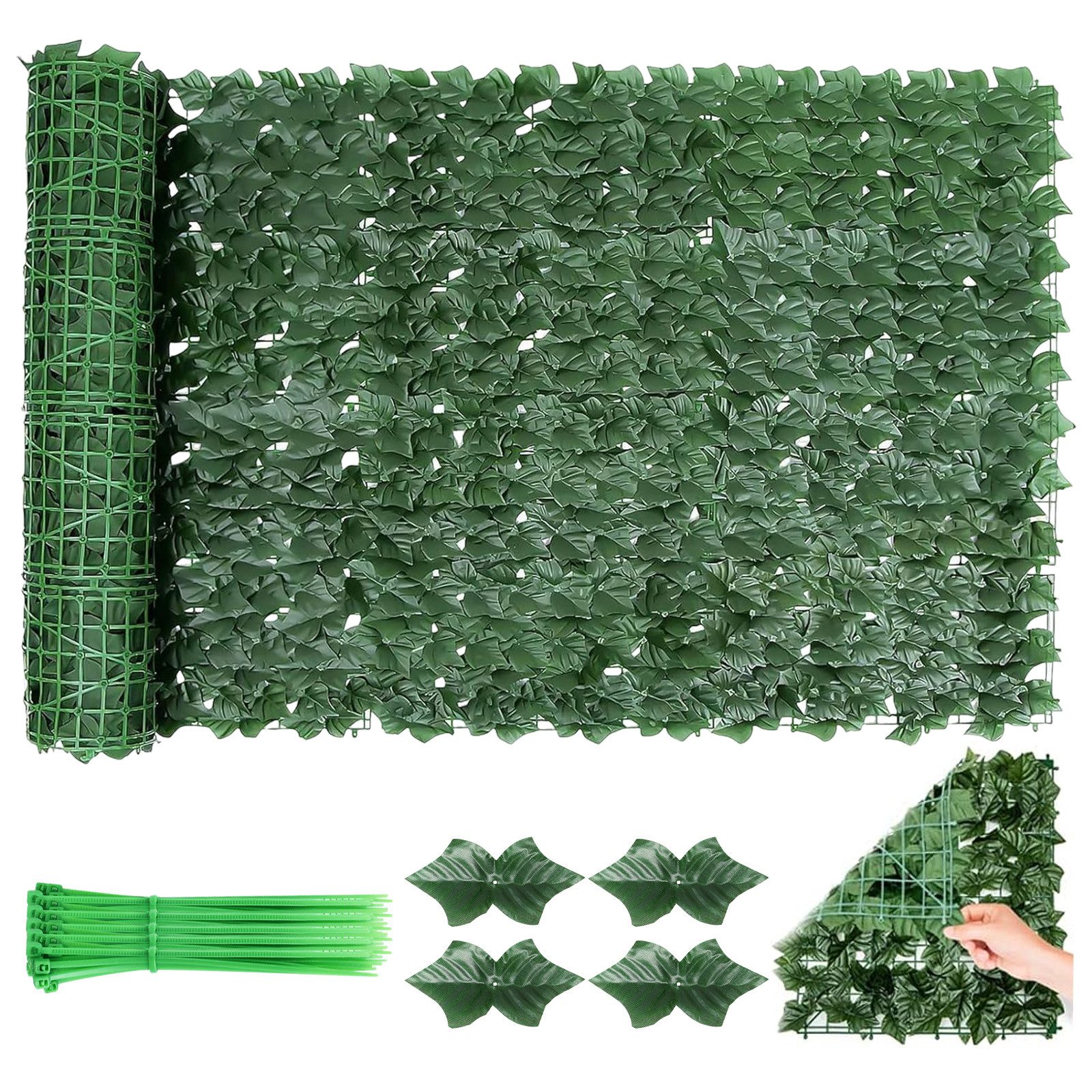 BlingBin Kunsthecken-Sichtschutz 1*3m/1*6m Künstliche Efeu Hecke Sichtschutz, Balkon Sichtschutz Efeu, (1er Set, 1-St., Inklusive 20 Kabelbinder), Dekoration für Außenbereich Gartendekoration Sichtschutz Windschutz