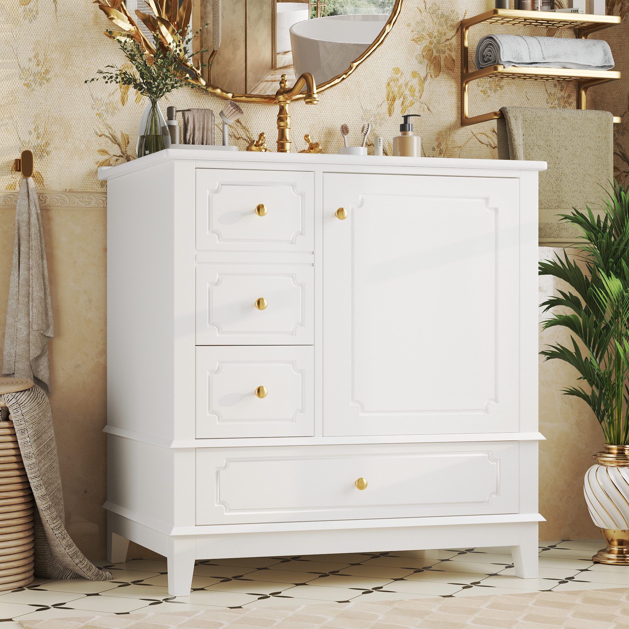 TavilaEcon Waschbeckenschrank Moderner Badschrank mit Waschbecken und Aufbewahrung (1-St) mit Keramik-Waschbecken, weiß – Bild 2 von 5