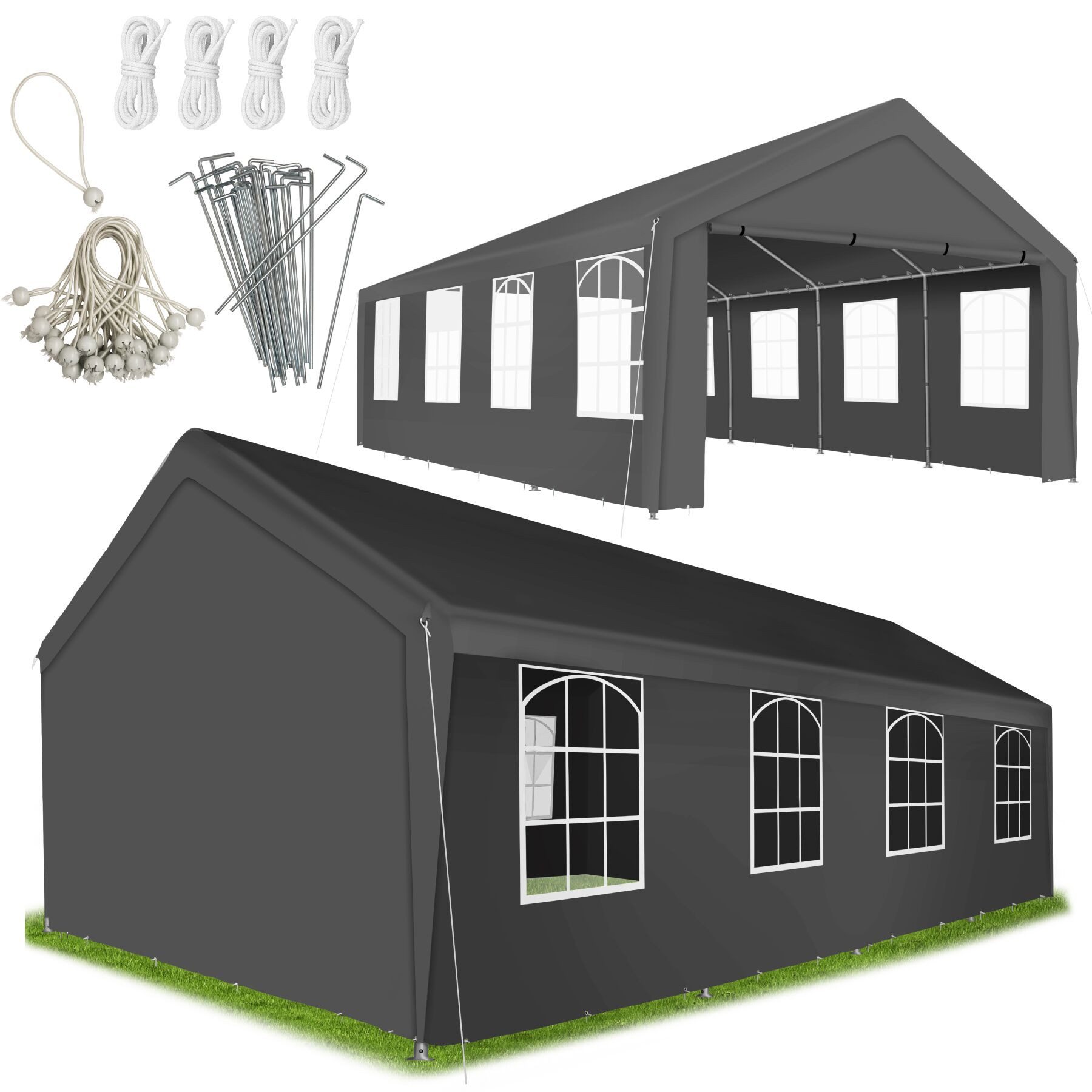 tectake Pavillon Festzelt 4 x 8 m wasserdicht mit UV-Schutz, abnehmbare Seitenteile, mit 4 Seitenteilen, (Partyzelt Wasserdicht Mammut, in Grau), Stahlgestell mit Spannseilen und Heringen für sicheren Stand