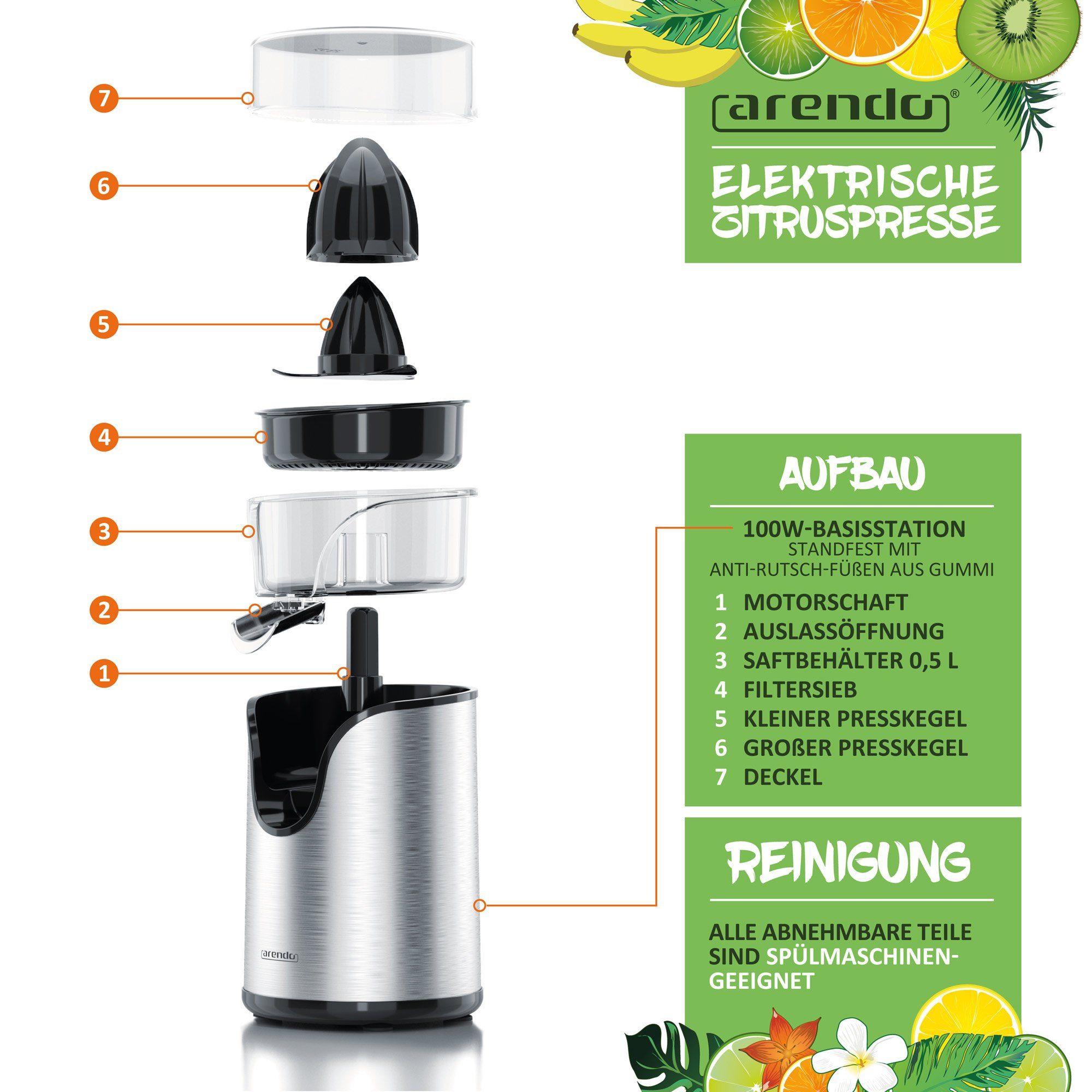 Arendo Zitruspresse Edelstahl Zitronenpresse, elektrisch, Siebeinsatz, Zitronen Presse, 100 W, Limetten & Orangenpresse, großer & kleiner Presskegelaufsatz, BPA frei