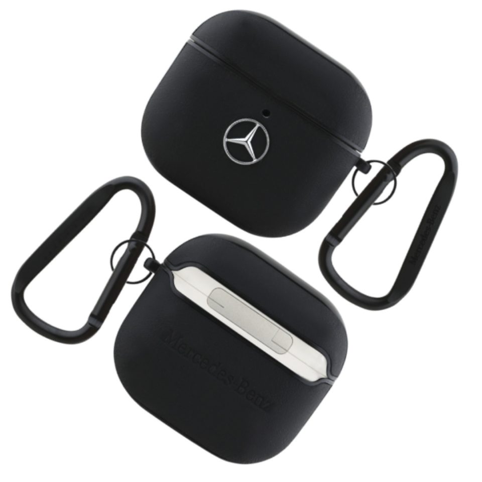 Mercedes Benz Kopfhörer-Schutzhülle Hülle Case AirPods 4 Echtleder schwarz Logo Metal, Kantenschutz