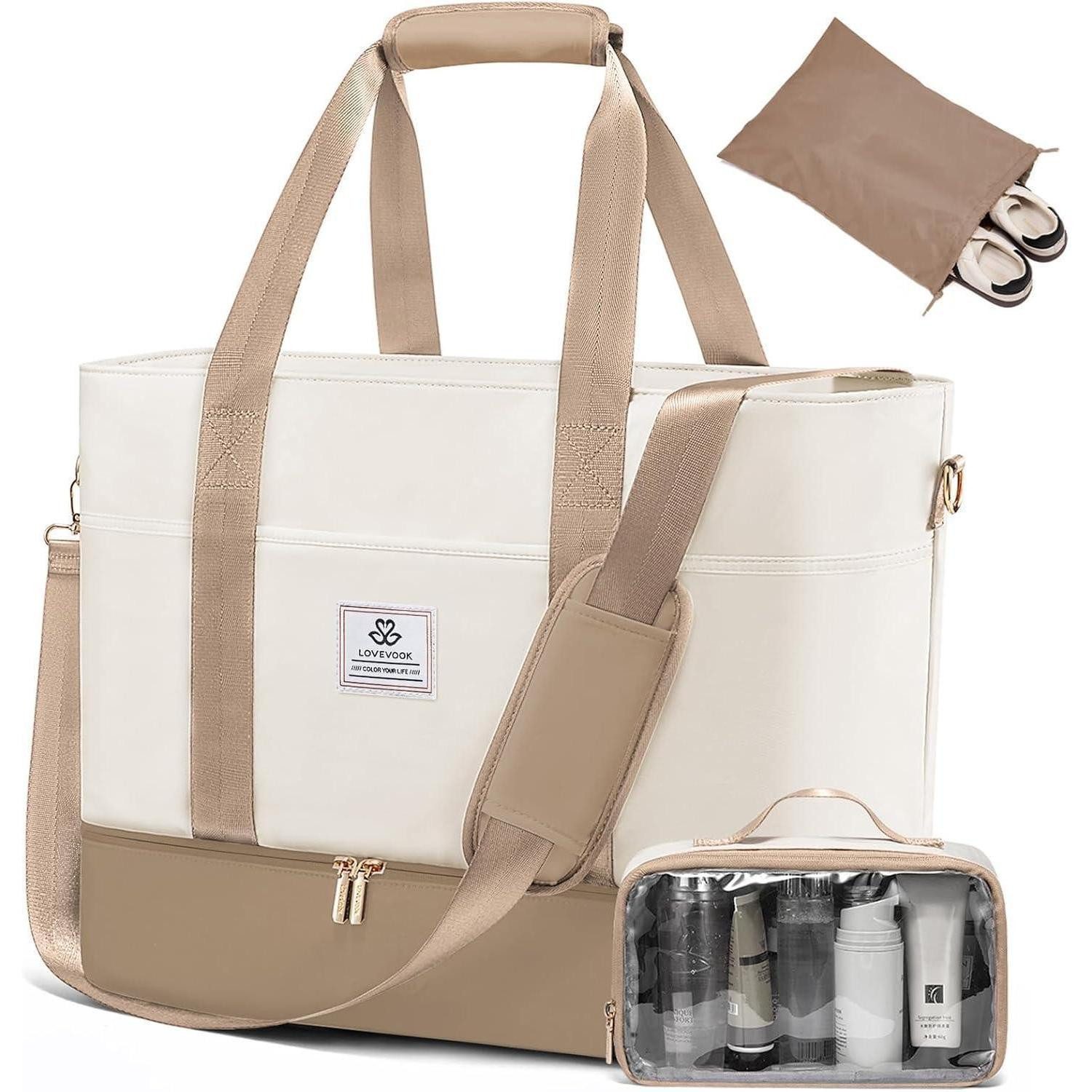 LuxusKollektion Weekender Reisetasche Wasserdicht Weekender Schuhfach Handgepäck 42L Beige+khaki