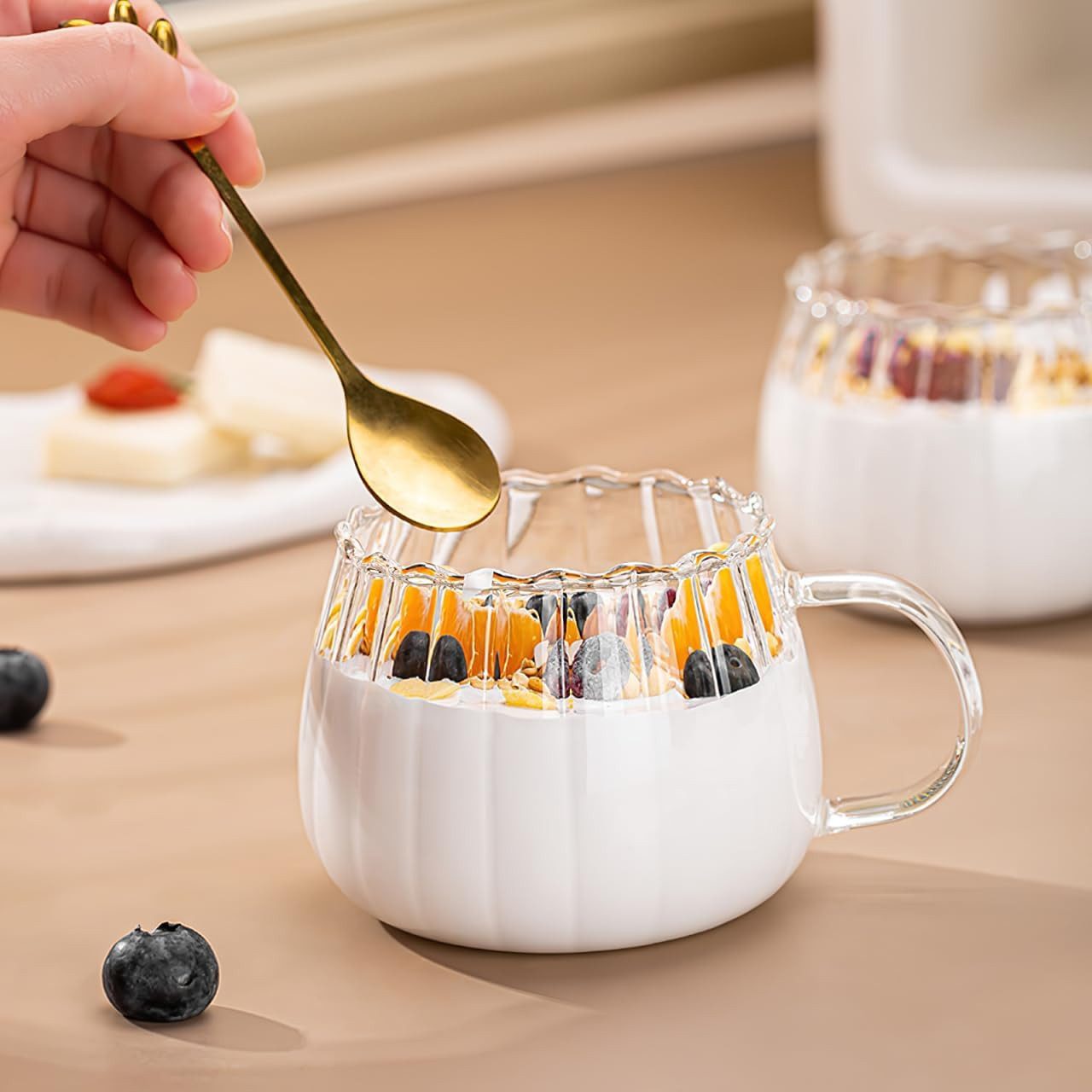 Bossjoy Tasse 4er Set Glas-Kaffeetassen 350 ml in Kürbisform mit Griff transparent, 4-tlg., Glas, Ergonomischer Griff, hitzebeständig, transparent – Bild 4 von 5