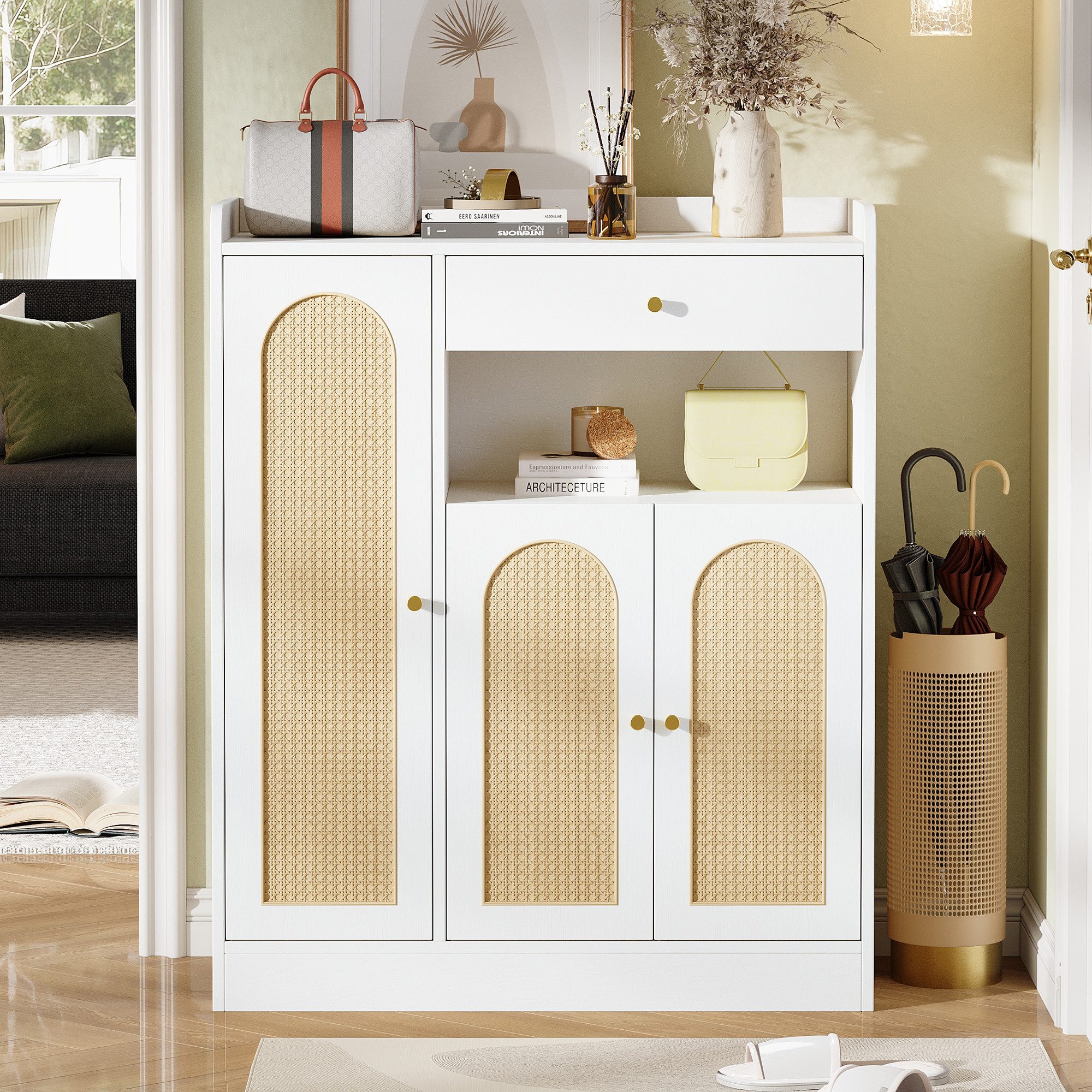 Flieks Schuhschrank Rattan Schuhkommode mit verstellbaren Einlegeböden (B90/T35/H110 cm, 1-St., Schrank für Wohnzimmer, Esszimmer, Flur, Schlafzimmer) Mehrzweckschrank Schuhregal mit 1 Schubladen und 3 Türen Weiß