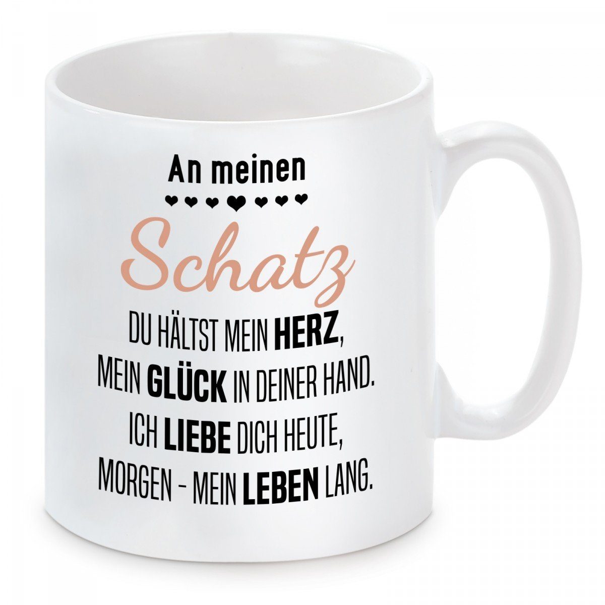 Herzbotschaft Tasse Kaffeebecher mit Motiv An meinen Schatz du hälst mein Herz, Keramik, Kaffeetasse spülmaschinenfest und mikrowellengeeignet