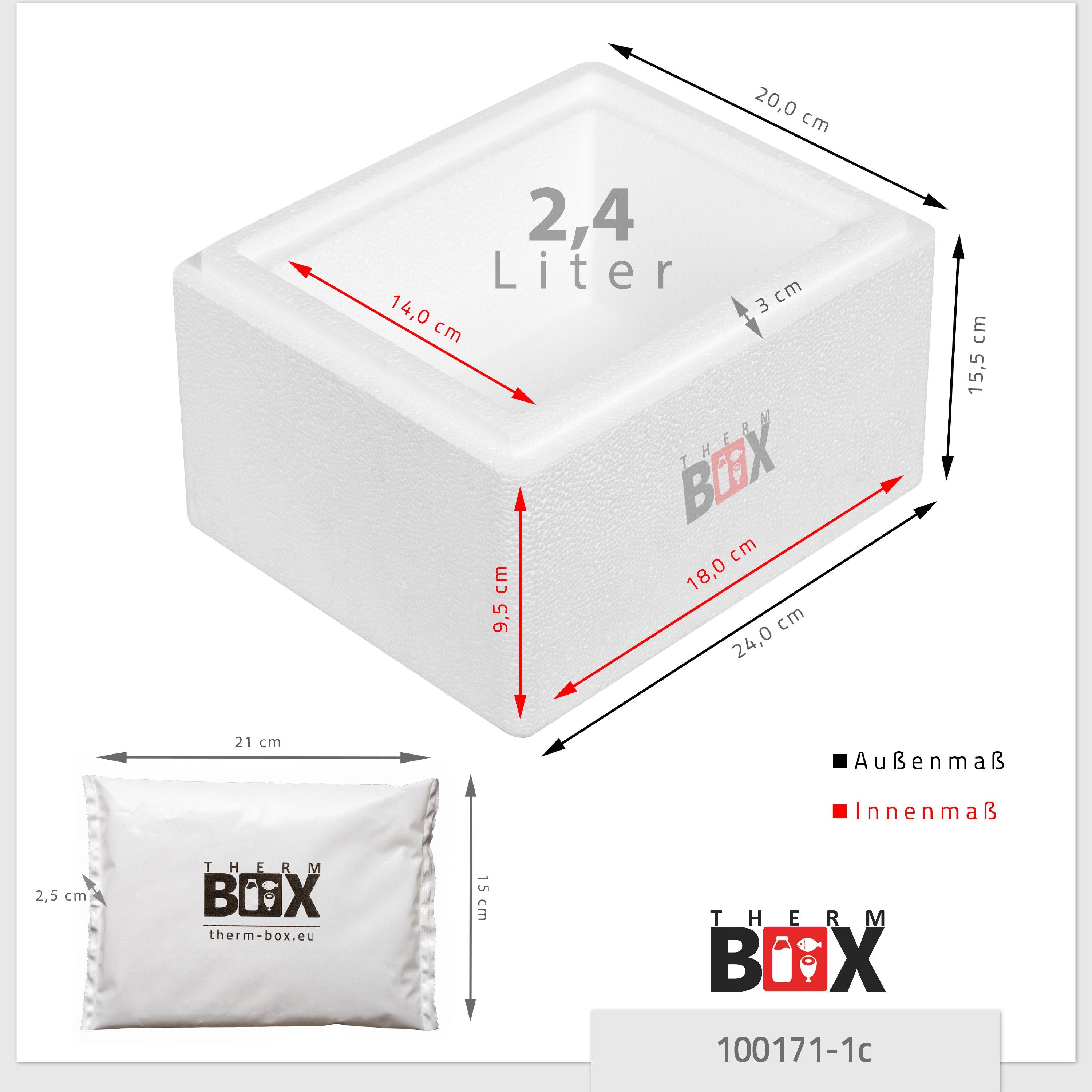THERM-BOX Thermobehälter Styroporbox Kühlakku Kühlbox mit mit (0-tlg., Kühlkissen, Thermbox Styropor-Verdichtet, 18x14x9cm 2,4L 1 Transportbox Innen: 2W Kühlkissen), Thermobehälter