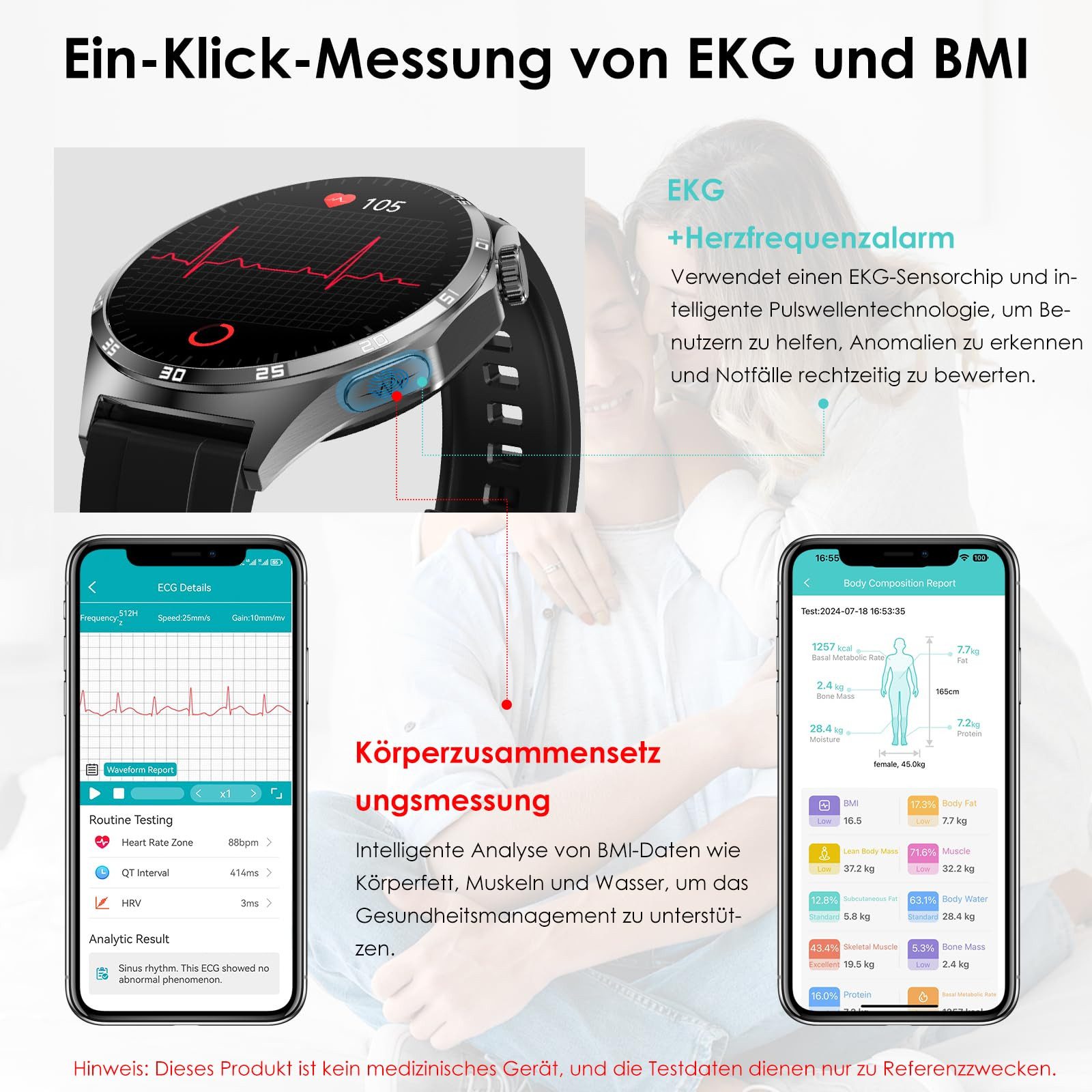 AIBISTAR Smartwatch, 1,43“ AMOLED, EKG, Blutdruck, 50 Sportmodi Smartwatch, EKG+PPG Technologie, Stressanalyse & Emotion, Kompatibel mit iOS & Android,Schlafqualitätsanalyse