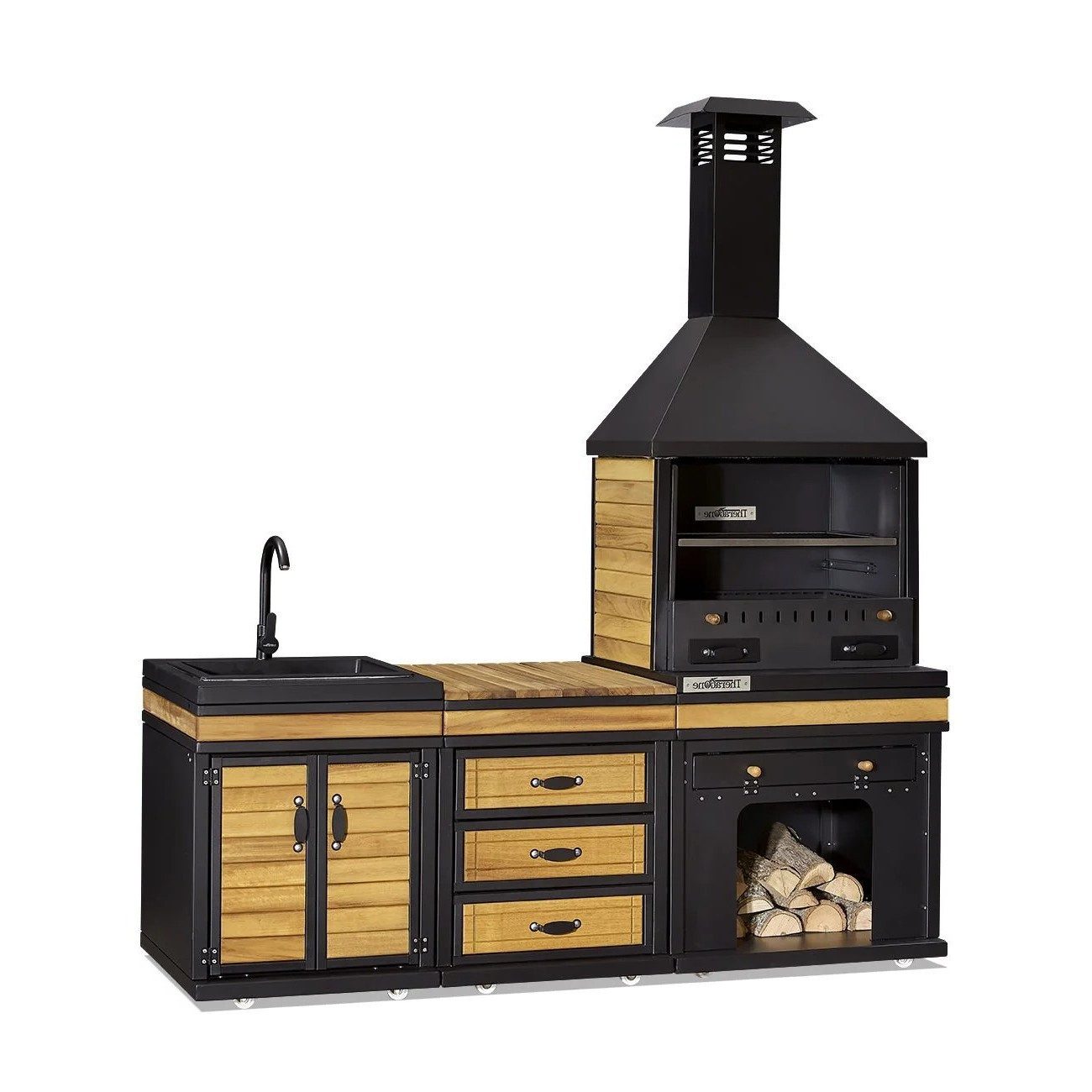 Xlmoebel Outdoor-Küche XLMOEBEL Außenküche Schwarz Holz Edelstahl, funktional und elegant, Made in Europa